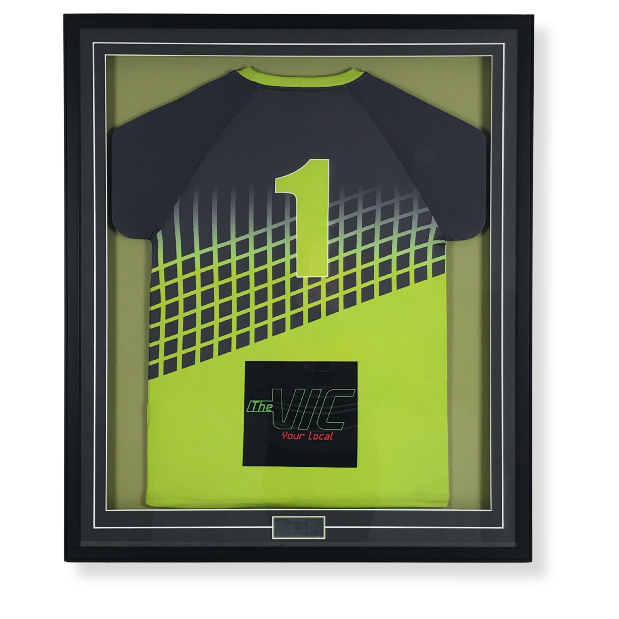 Custom framed signed goalkeeper jersey memorabilia display featuring club sponsorship branding.