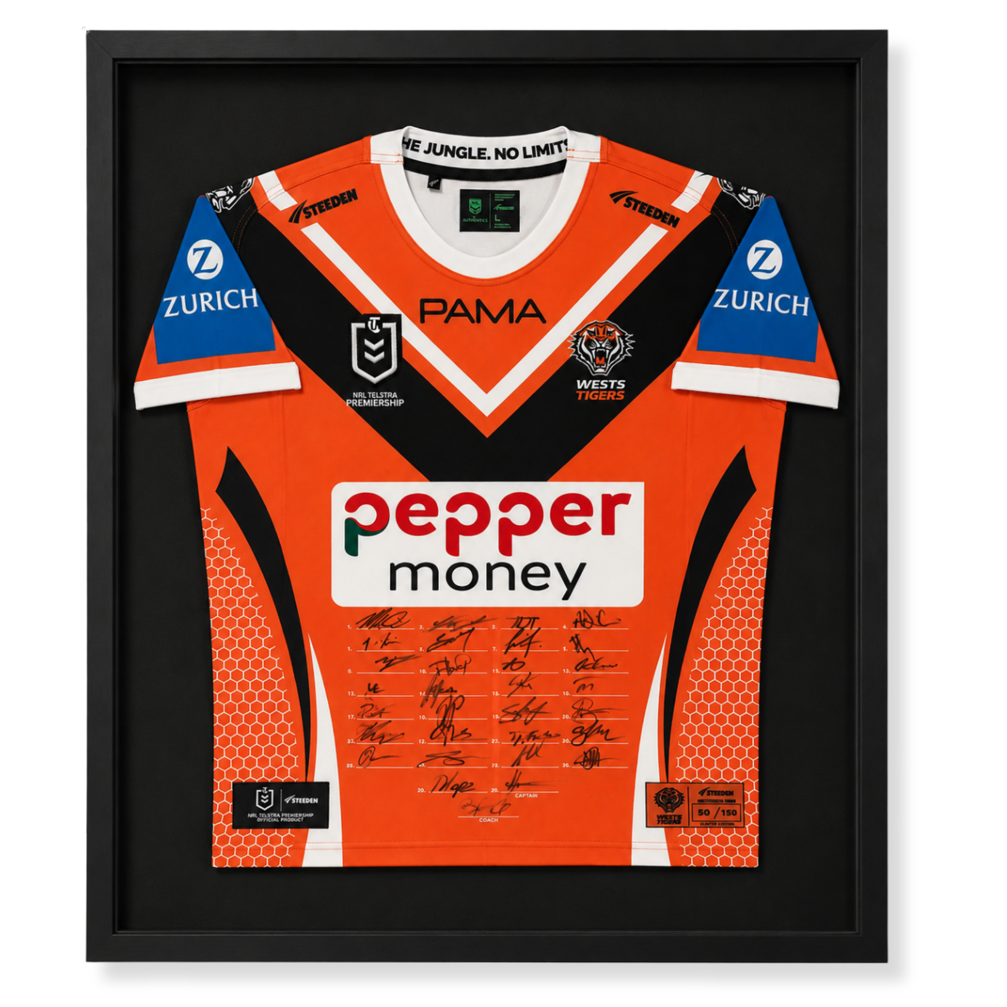 Custom framed signed Wests Tigers NRL jersey memorabilia display featuring team sponsorship and player signatures.