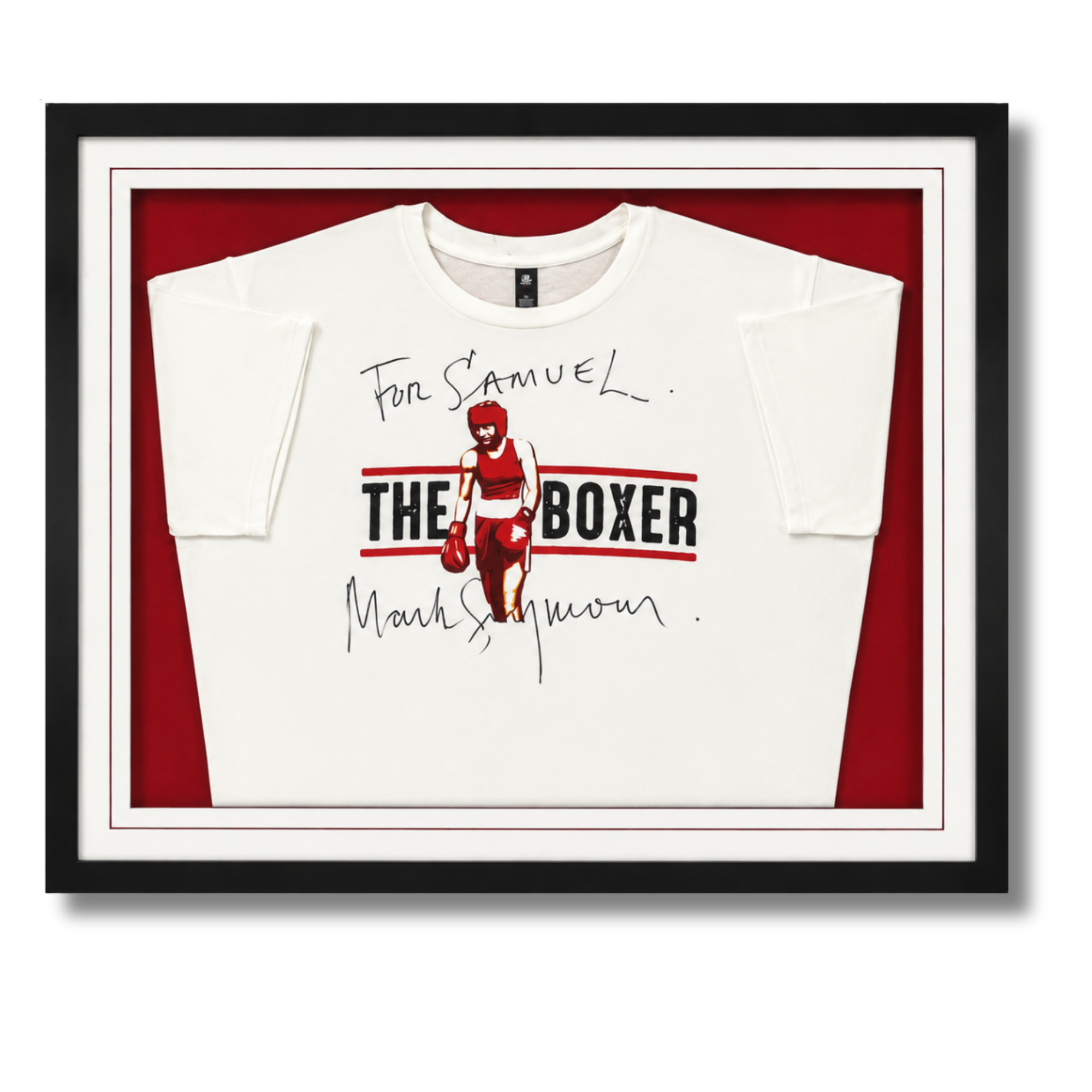 Custom framed signed boxing memorabilia shirt created as a tribute piece for “The Boxer”.