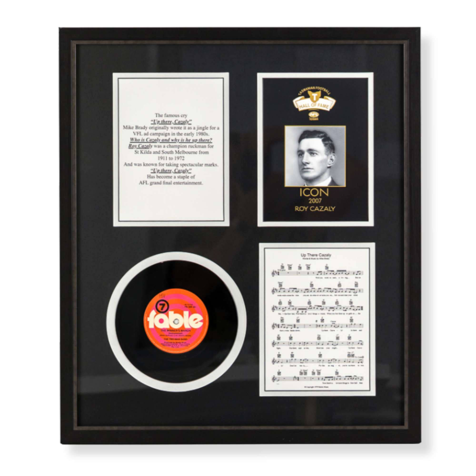 Custom framed Roy Cazaly memorabilia display featuring vintage photography, historical documents, and collectable keepsakes.