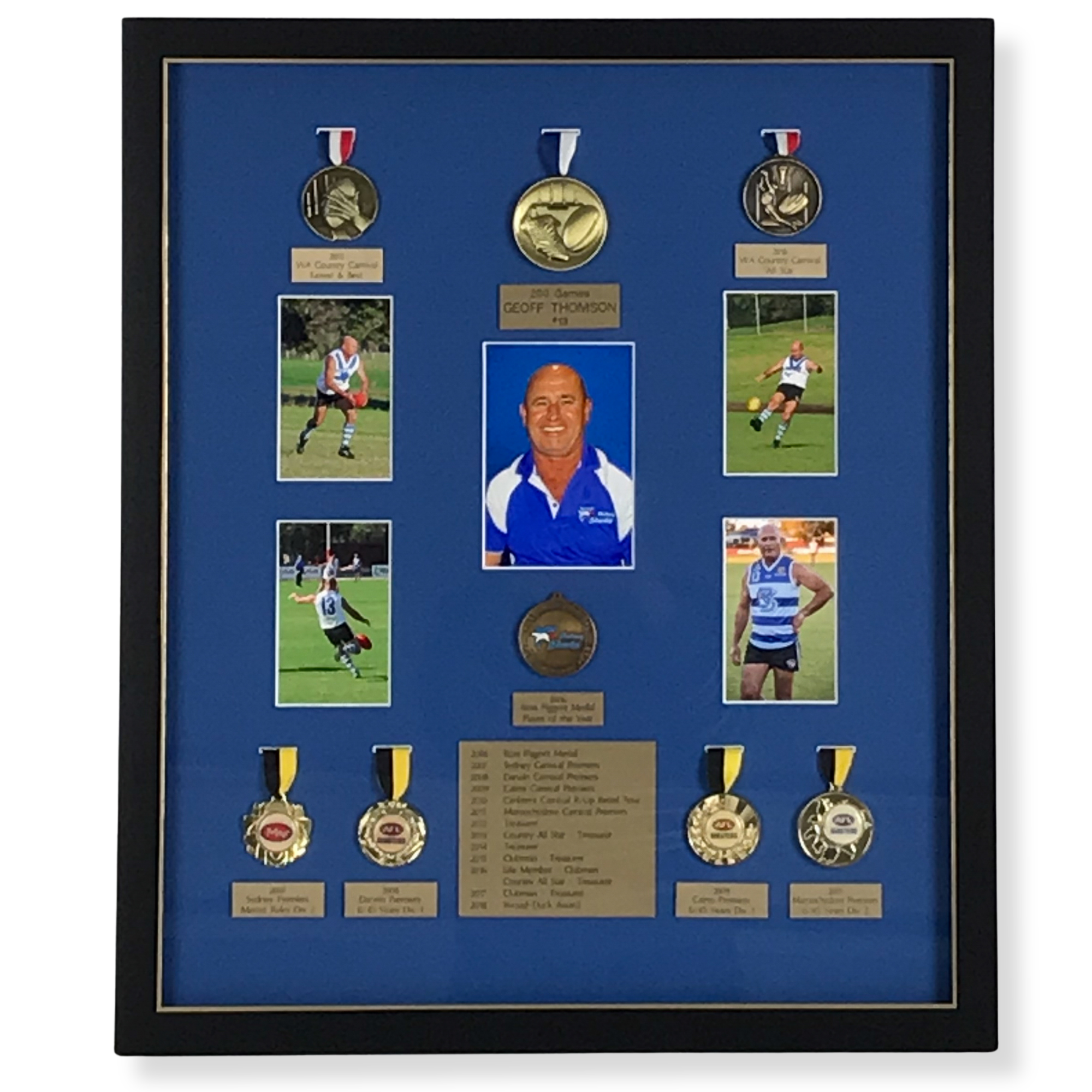 Custom framed lifetime sporting achievement display featuring medals, awards, and football memorabilia