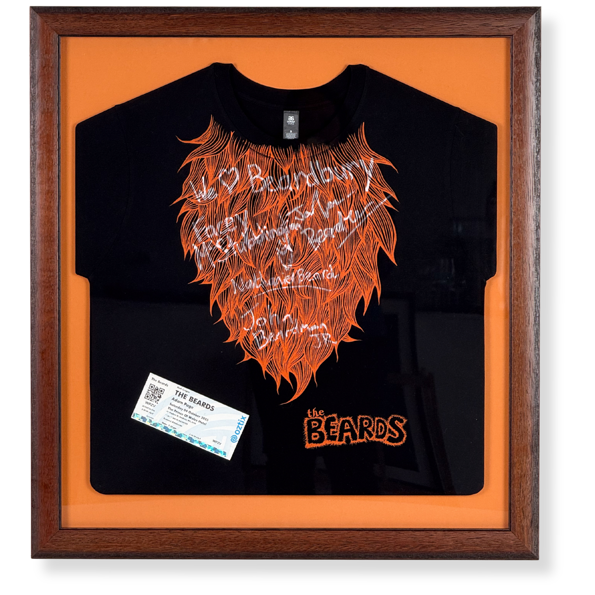 Custom framed The Beards concert memorabilia featuring band merchandise tee and ticket keepsakes.