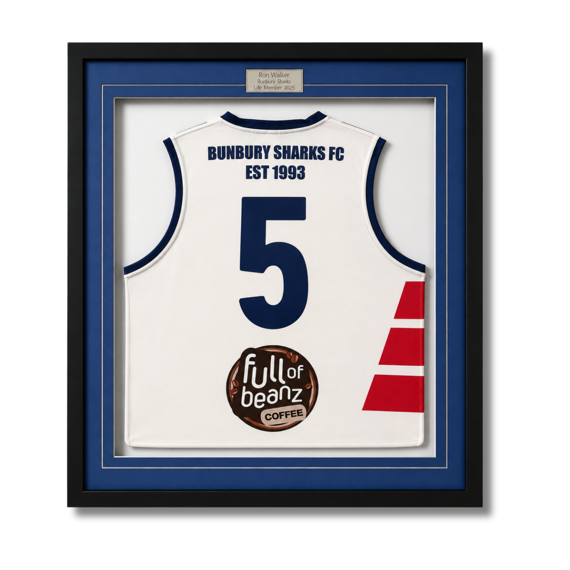 Custom framed Bunbury Sharks FC jersey display featuring Full of Beanz club sponsorship.
