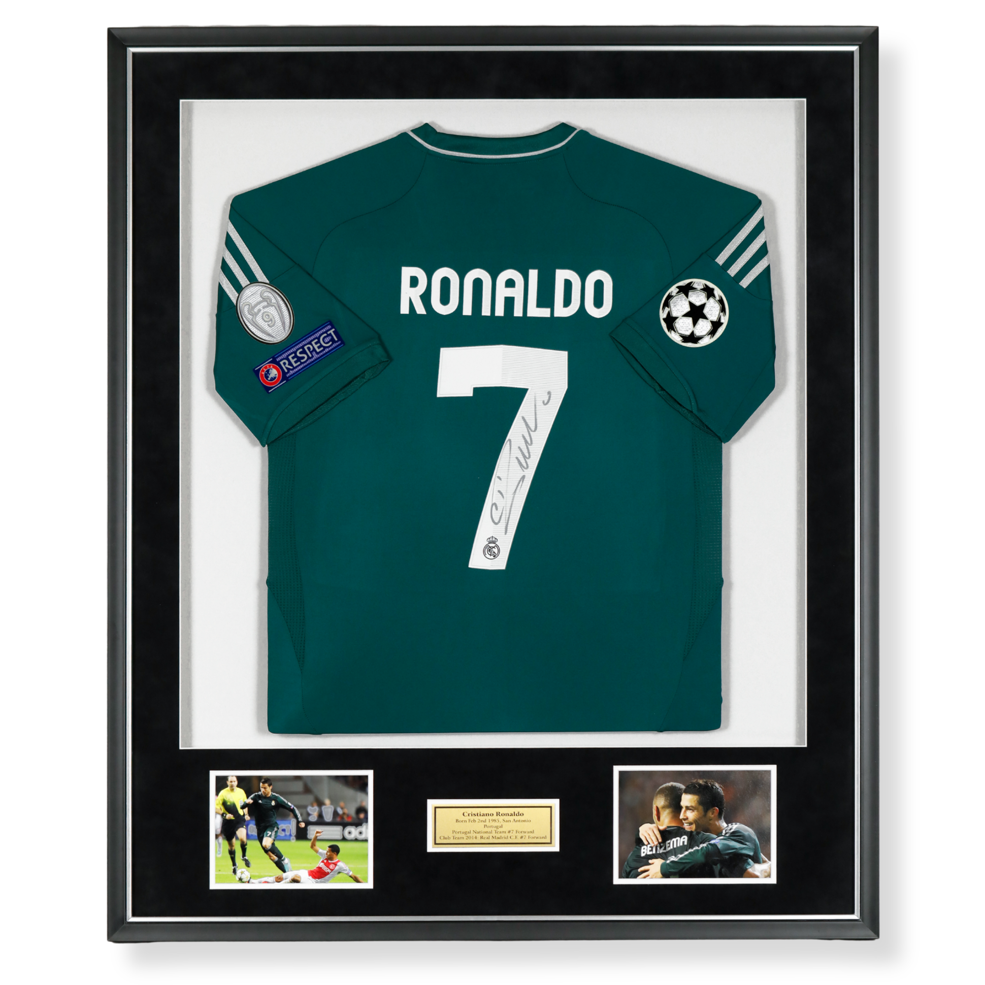 Custom Cristiano Ronaldo soccer memorabilia framing featuring signed jersey, plaque and career photographs.