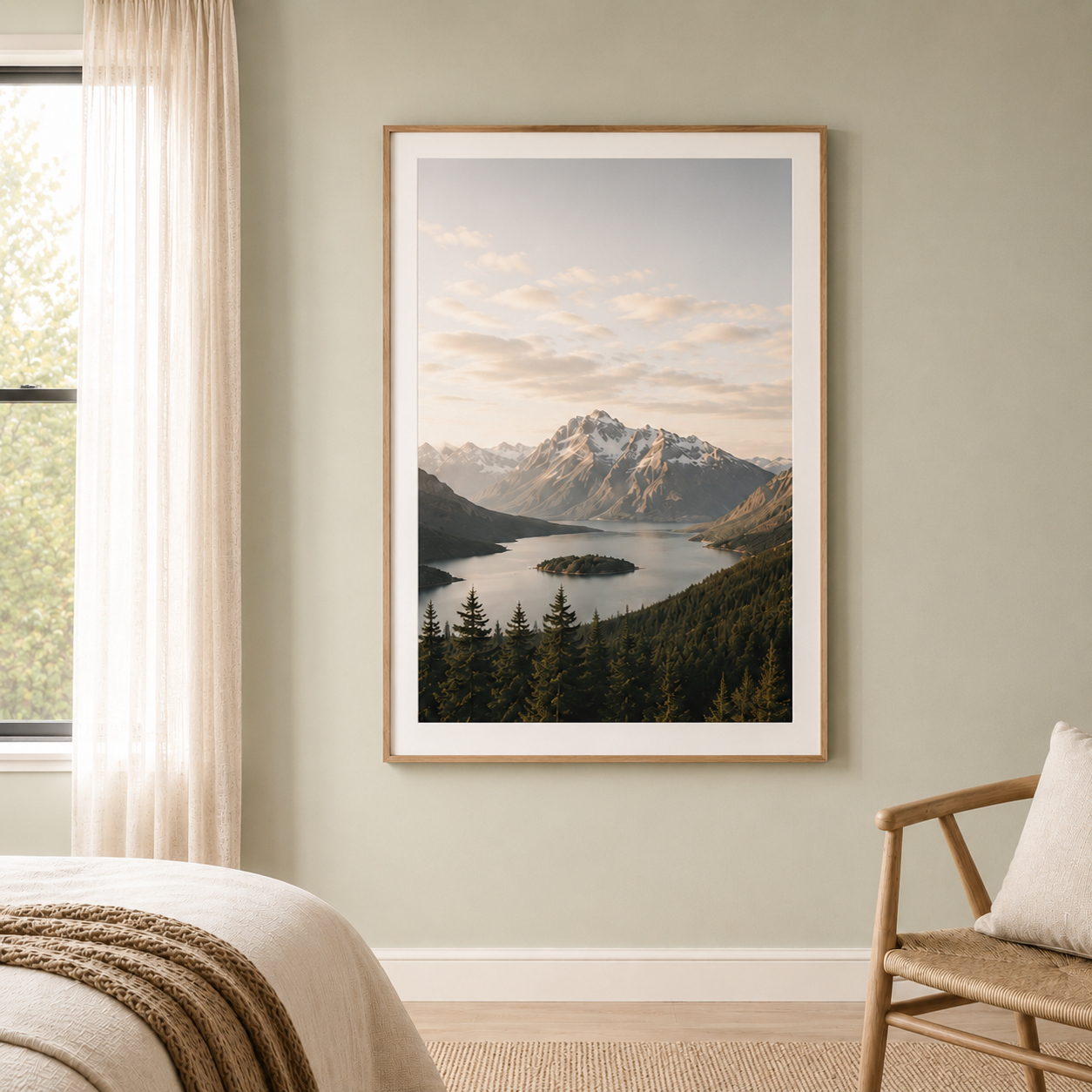 Large framed landscape photography print displayed in a styled bedroom interior, featuring fine art photo printing and custom framing by Framed.