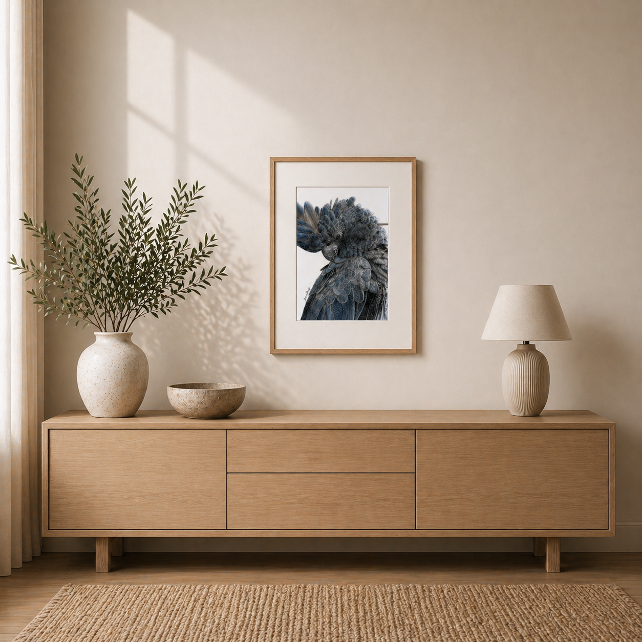 Black cockatoo framed bird artwork by Australian artist Janice Florczyk styled within a warm neutral interior using natural timber framing.