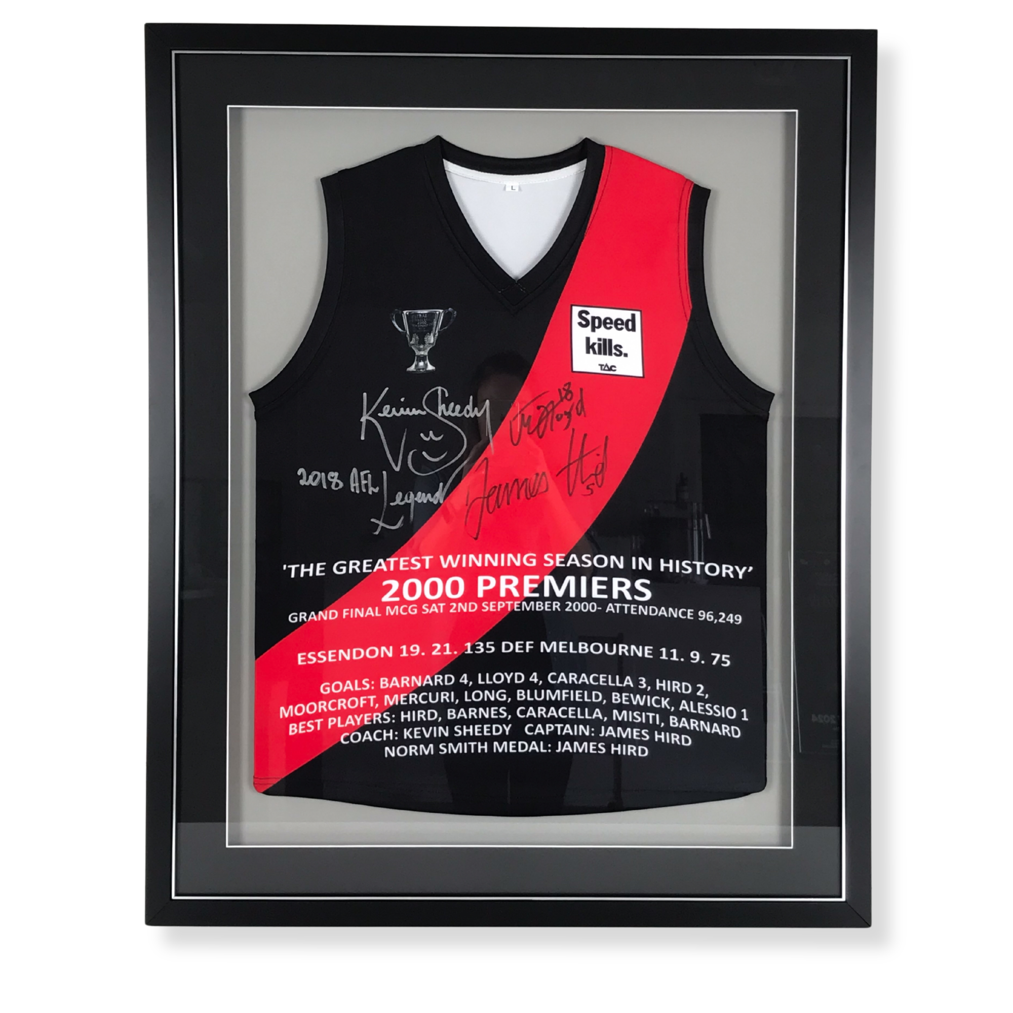 Custom framed signed Essendon Bombers AFL jersey display commemorating a premiership season