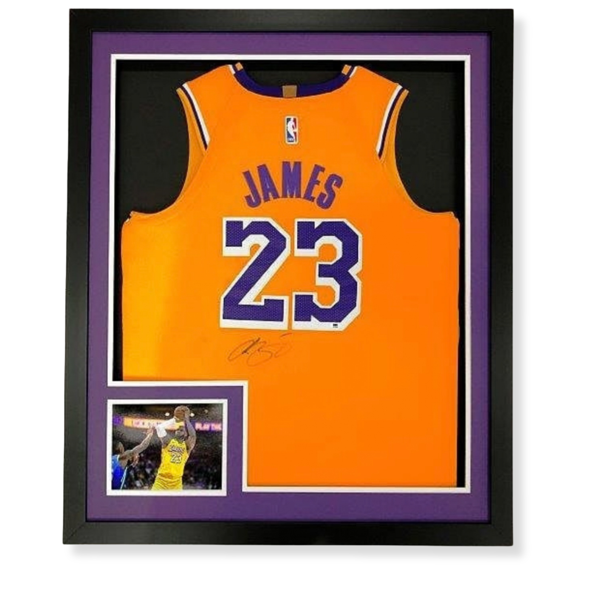 Custom framed LeBron James Los Angeles Lakers signed NBA jersey display.
