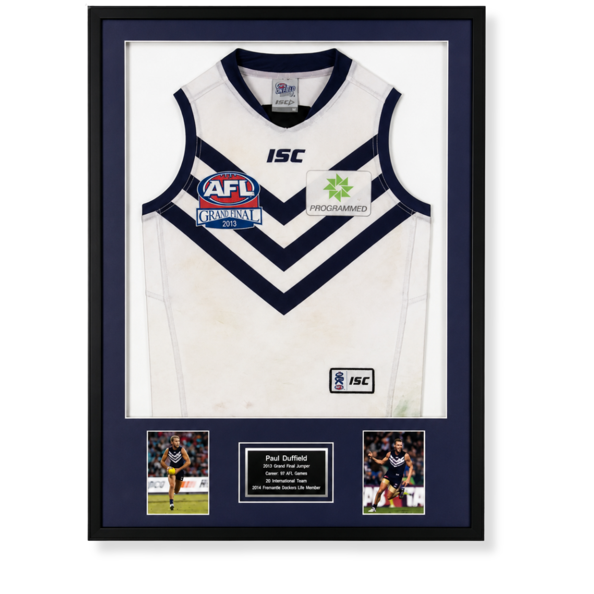 Custom framed signed Paul Duffield Fremantle Dockers AFL jersey display featuring AFL Grand Final memorabilia.