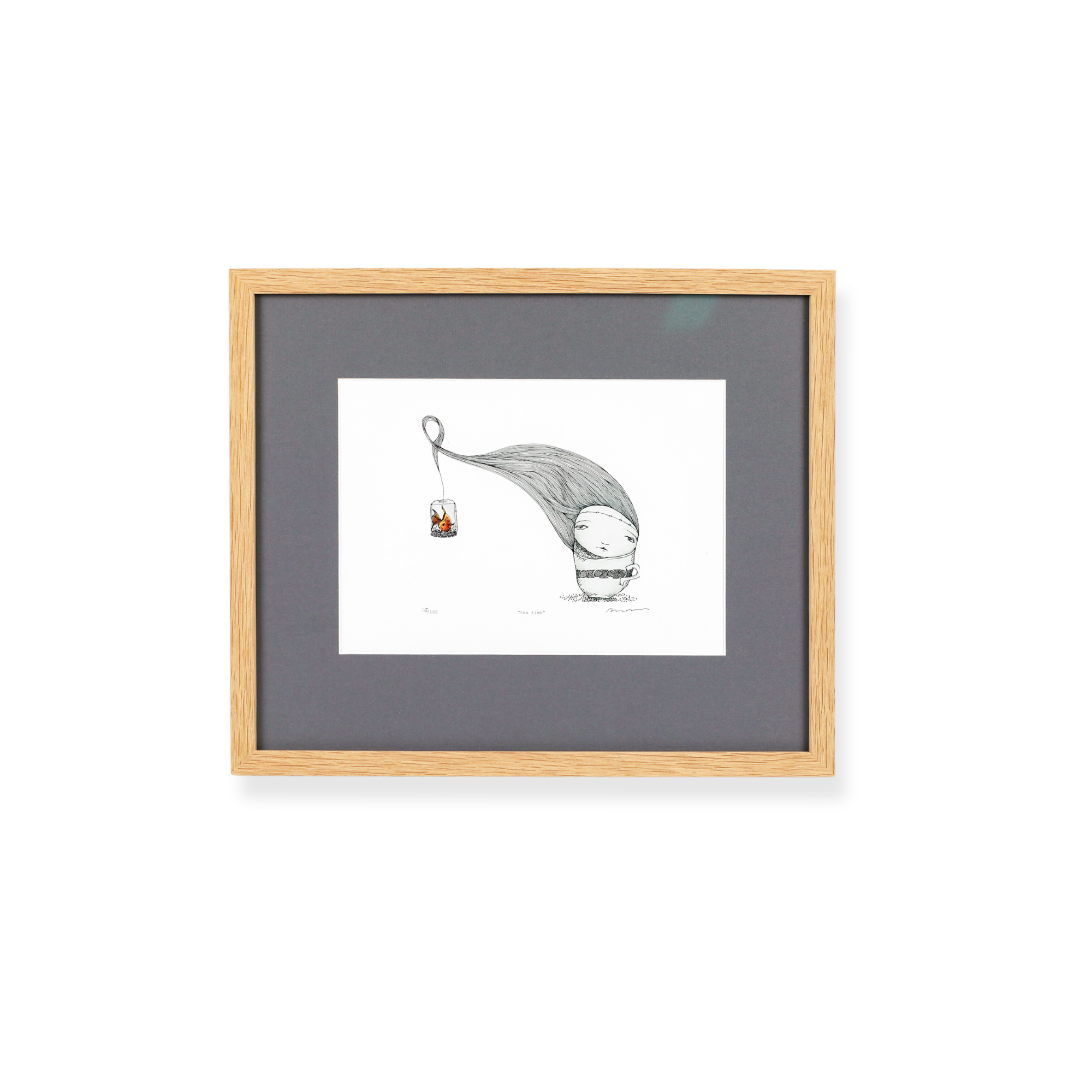 Framed black and white illustration artwork displayed in a natural timber frame.