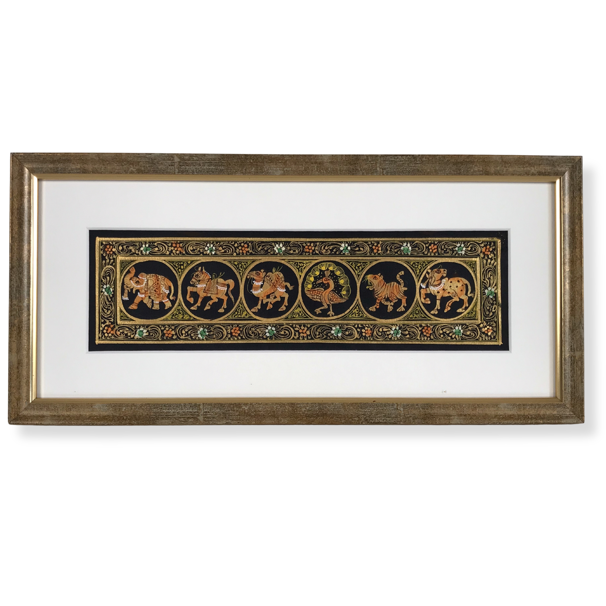 Framed decorative animal artwork displayed in an ornate panoramic frame.