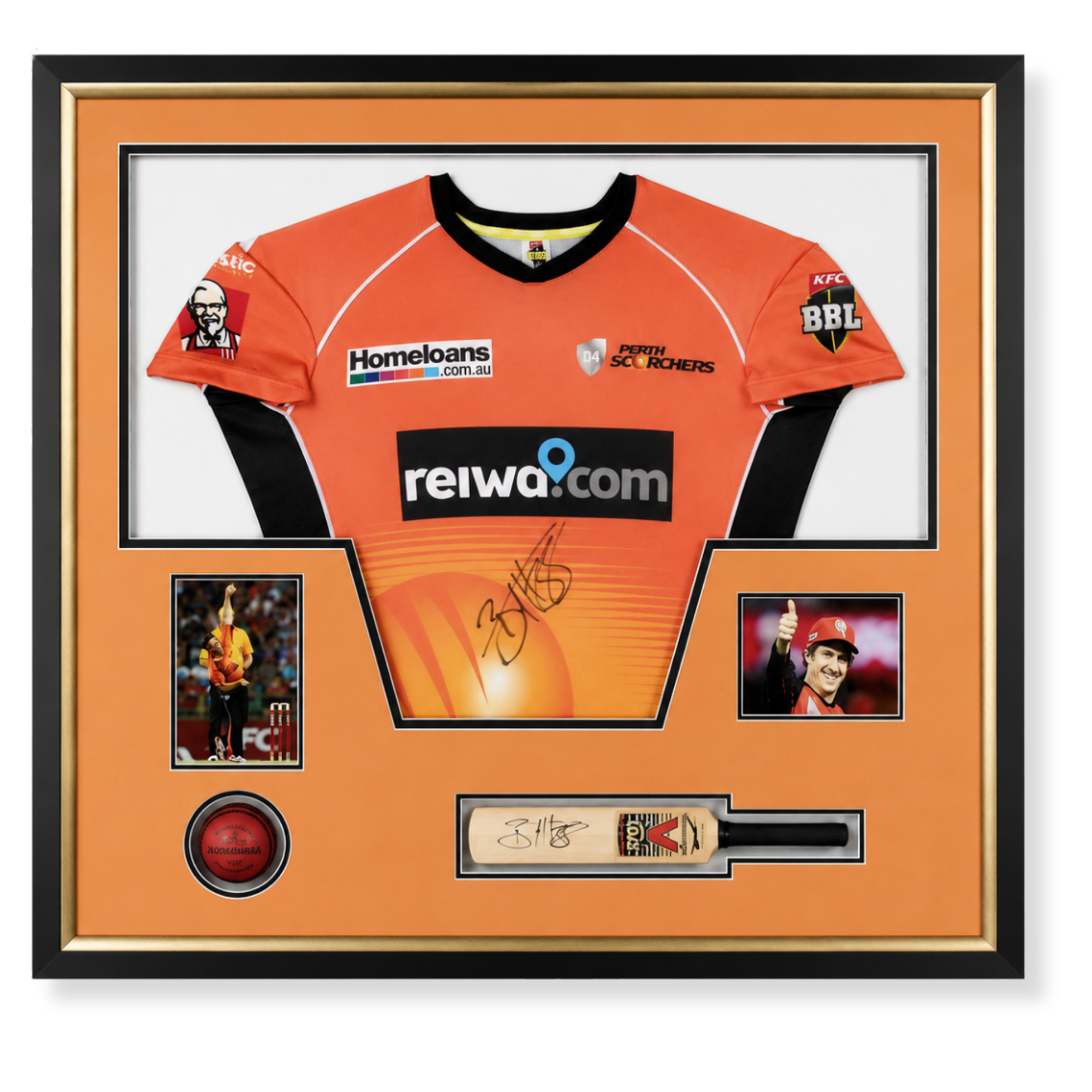 Custom framed signed Perth Scorchers cricket jersey display featuring player photographs and team memorabilia.