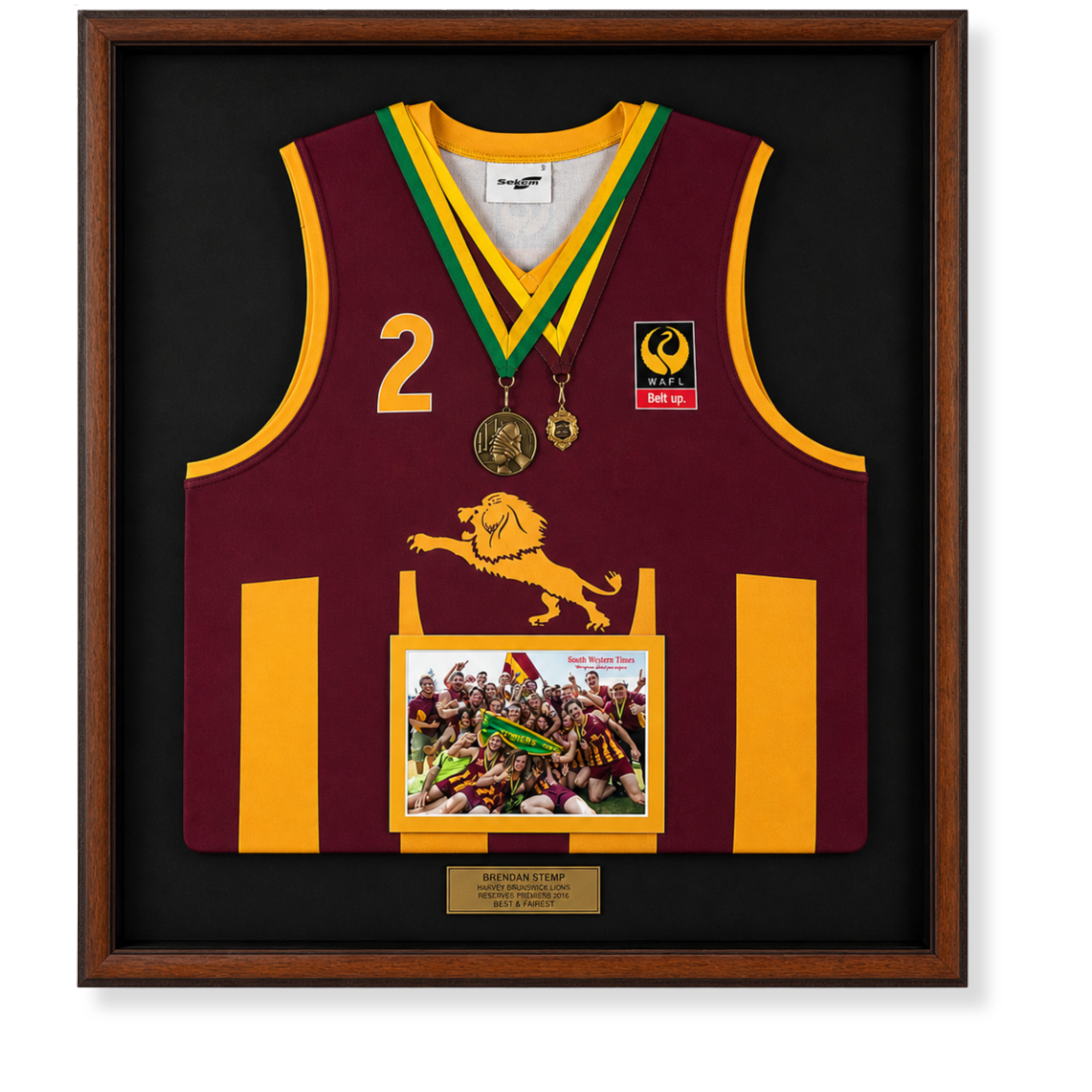 Custom sports memorabilia framing featuring Harvey Brunswick Lions (HBL) football jersey, medals, team photograph and premiership plaque.
