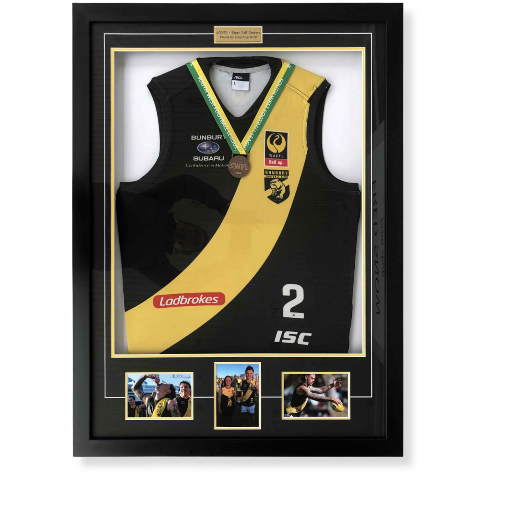 Custom footy memorabilia framing featuring Bunbury Bulldogs football jersey and action photographs from a premiership season.