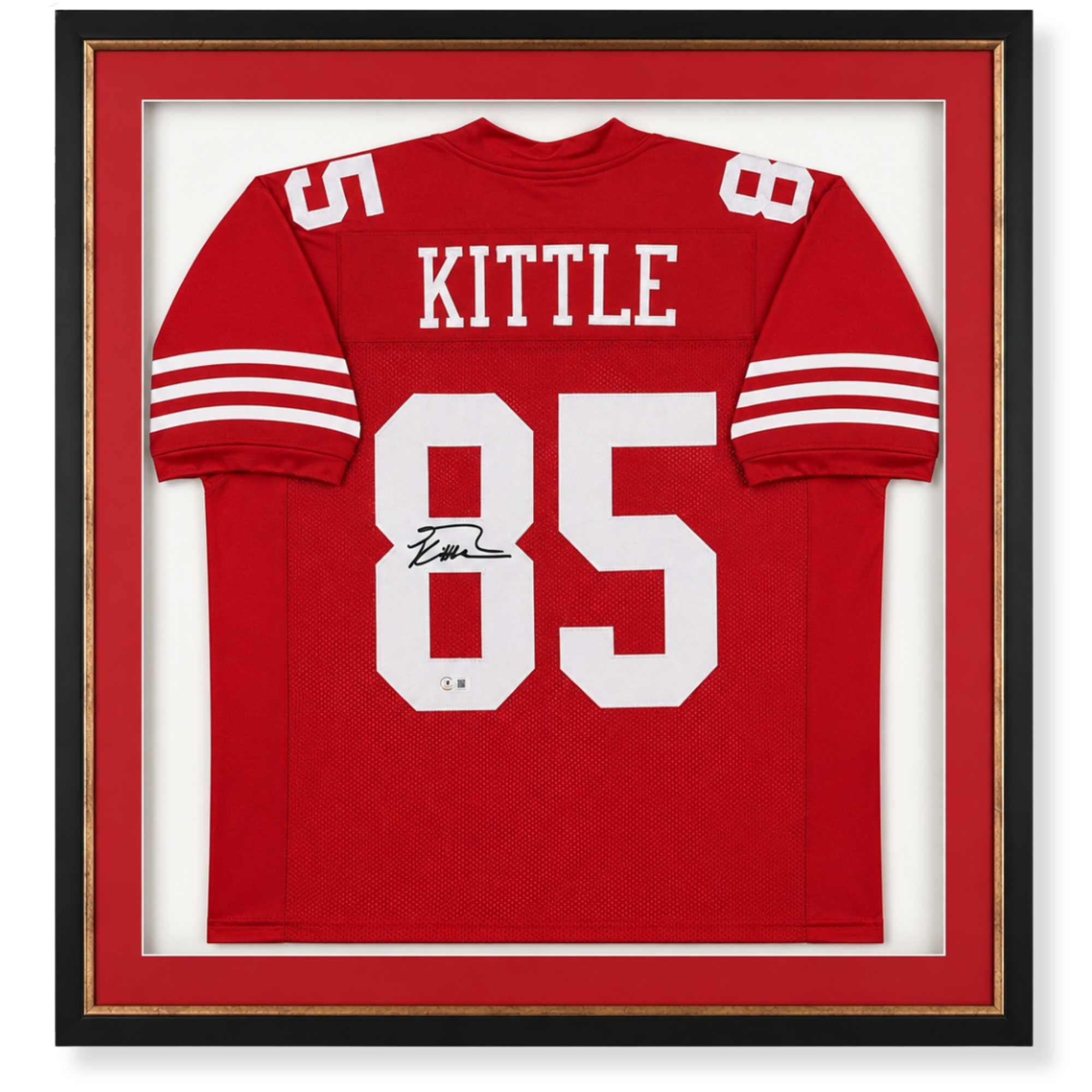 Custom framed signed George Kittle San Francisco 49ers NFL jersey display.