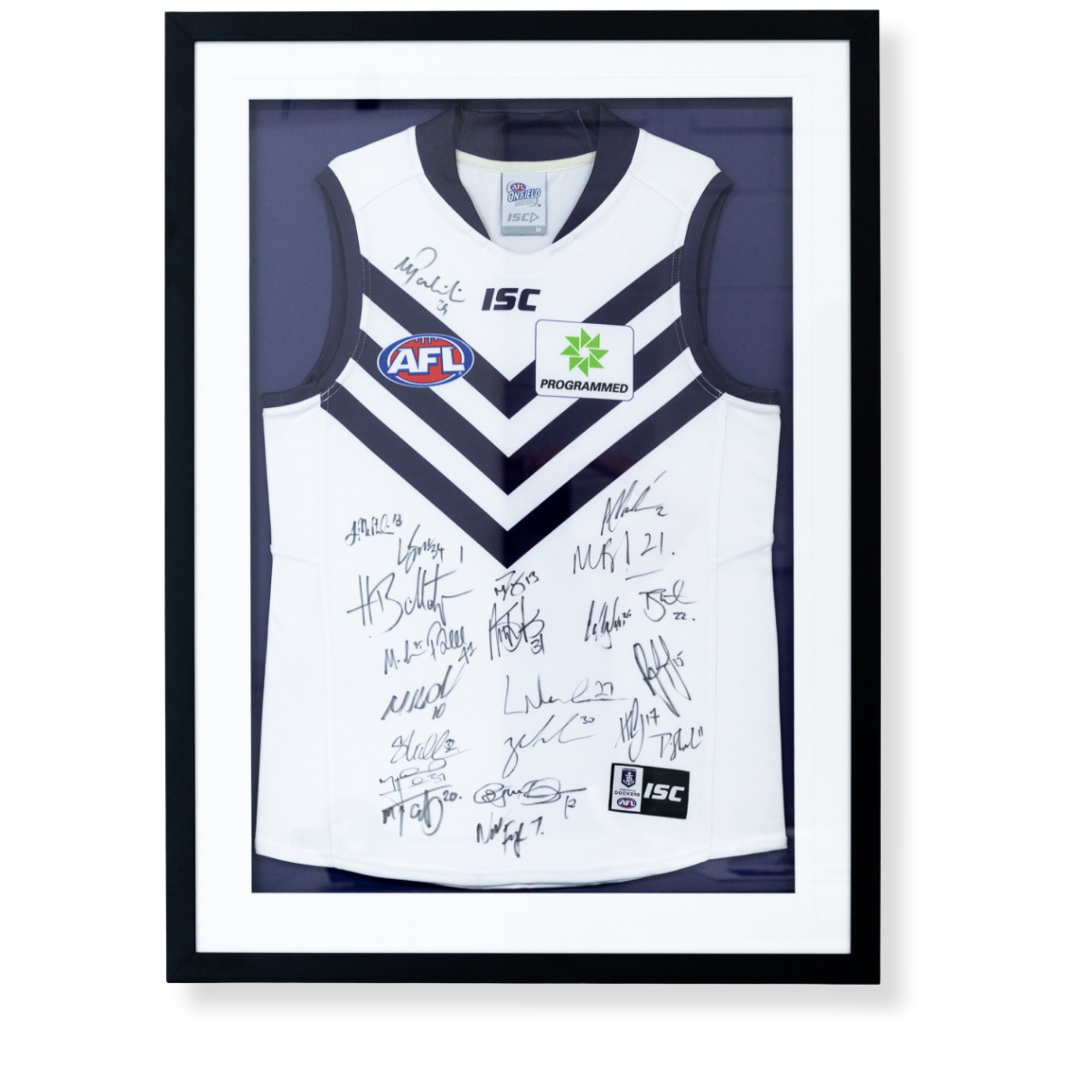 Custom framed signed Fremantle Dockers AFL jersey memorabilia display.
