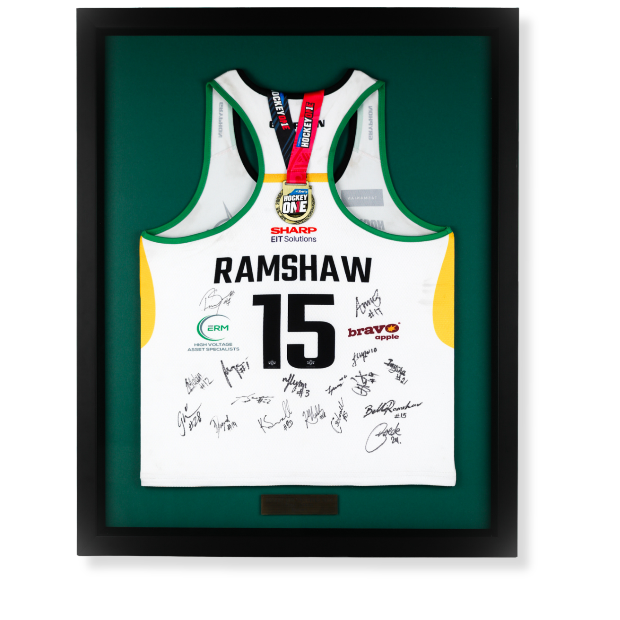 Custom framed Belle Ramshaw Perth Thundersticks WA Hockey jersey display featuring Hockey One medal and signed memorabilia.