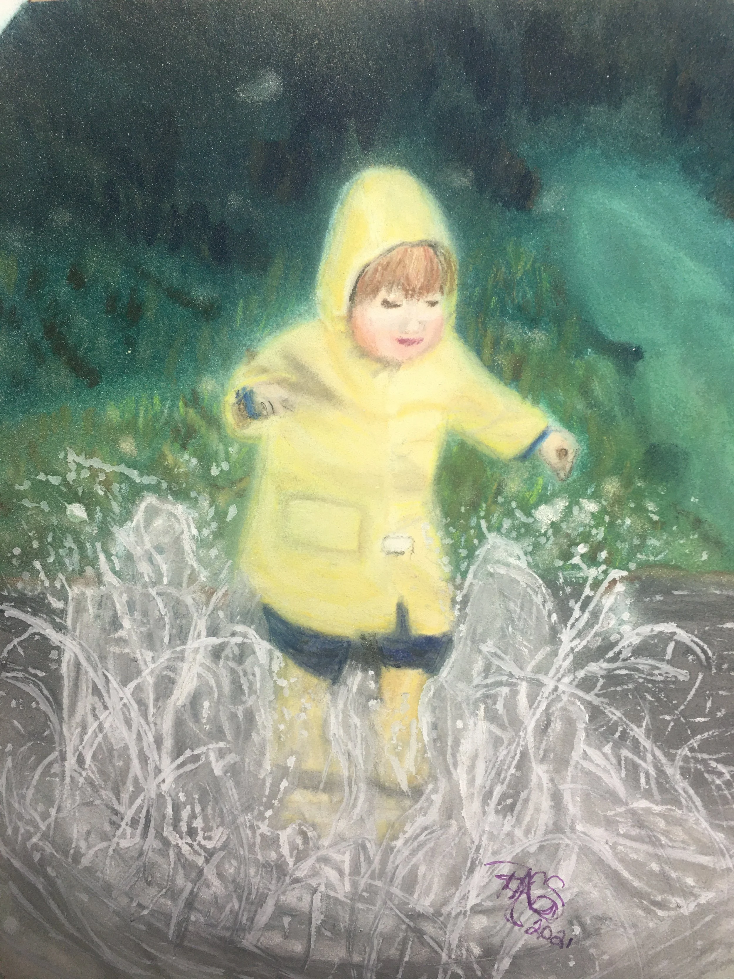 A drawing of a young child wearing a yellow raincoat and hood, walking through a grey, rainy setting with white splashes indicating rain.