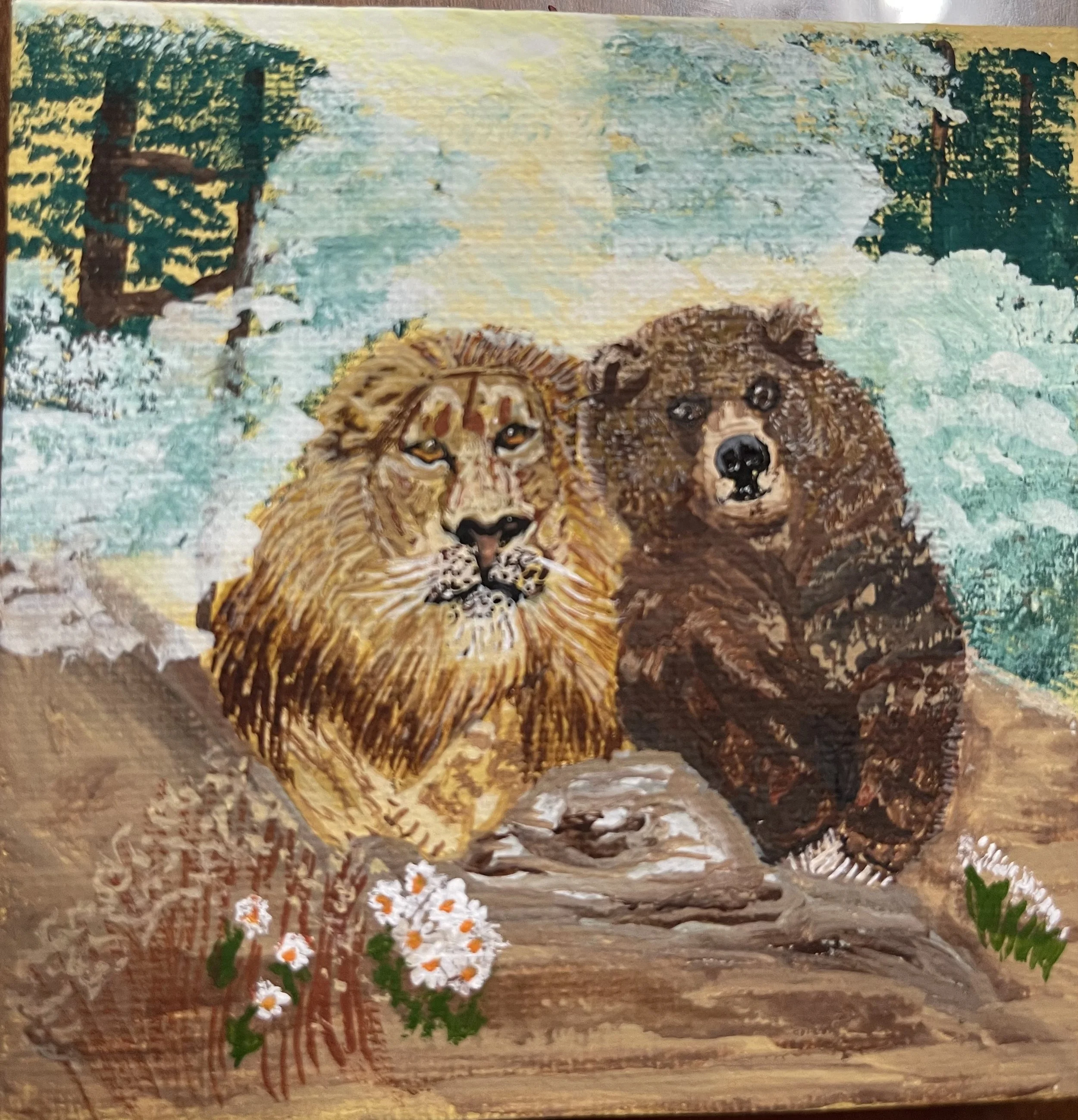 Colorful painting featuring two puppies, a background with trees and sky, some flowers, and grass at the bottom.