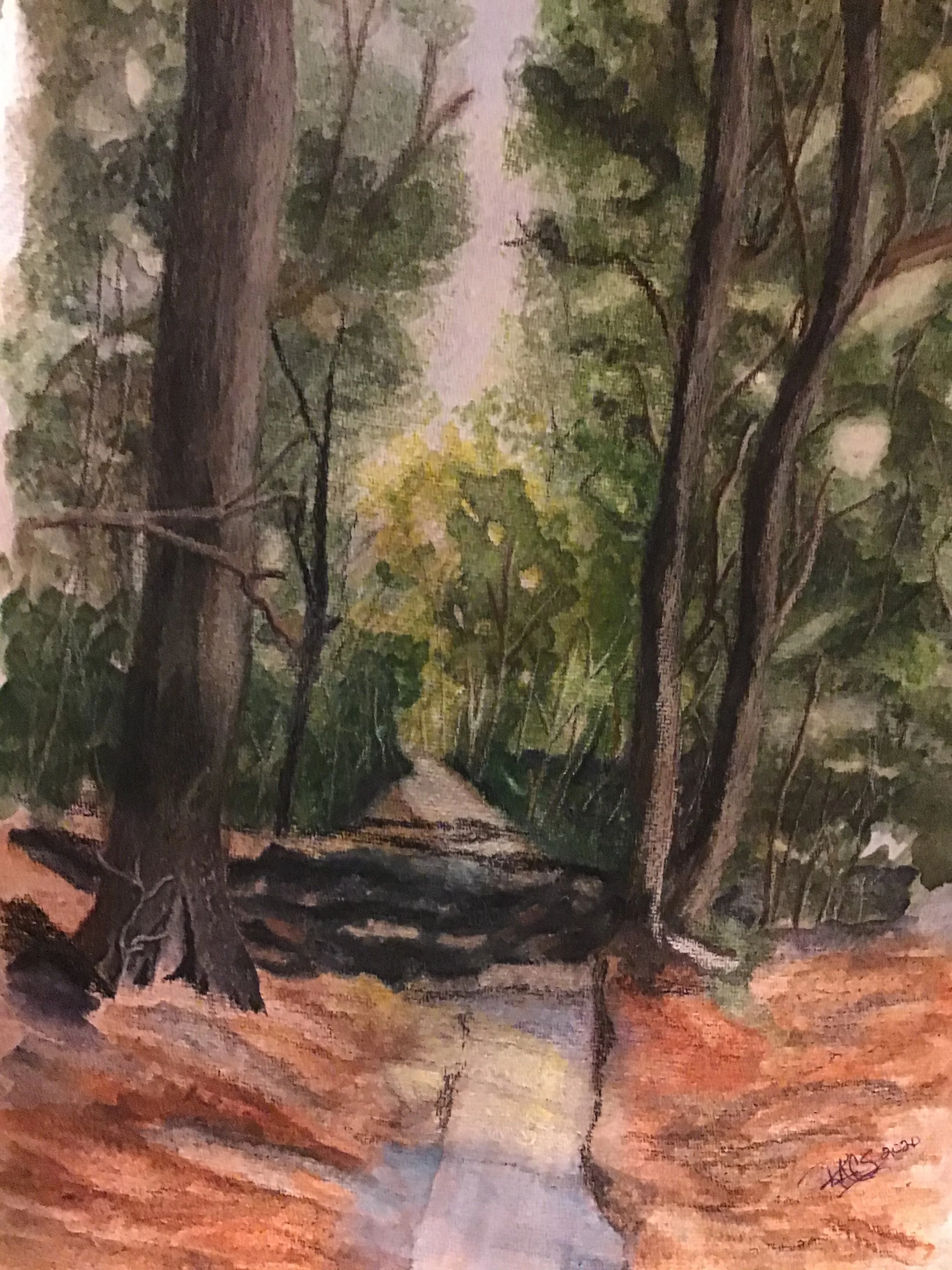 A painting of a forest scene with two tall trees, lush green foliage, and a dirt path winding through the woods. The ground has earthy tones and the scene is illuminated by soft light.
