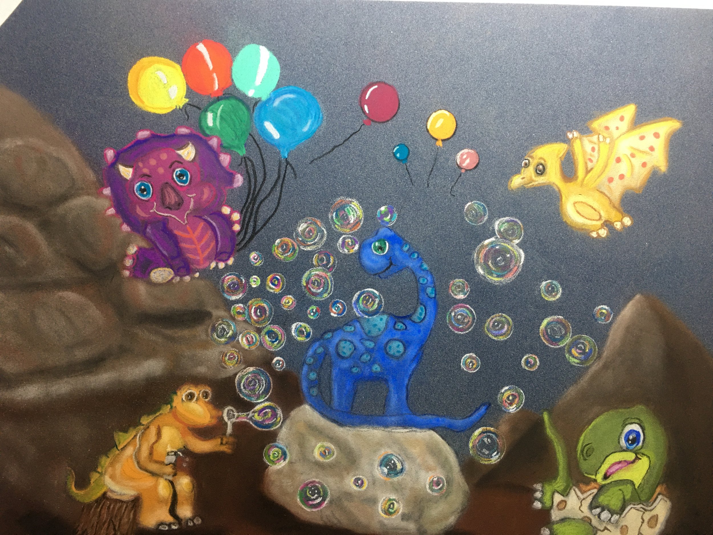 Colorful animals and balloons painted on a gray textured background, including a purple unicorn with a pink mane, blue body, and a curled tail, a yellow lion with a small mane, green and yellow lizard, and a butterfly with yellow wings and red spots.