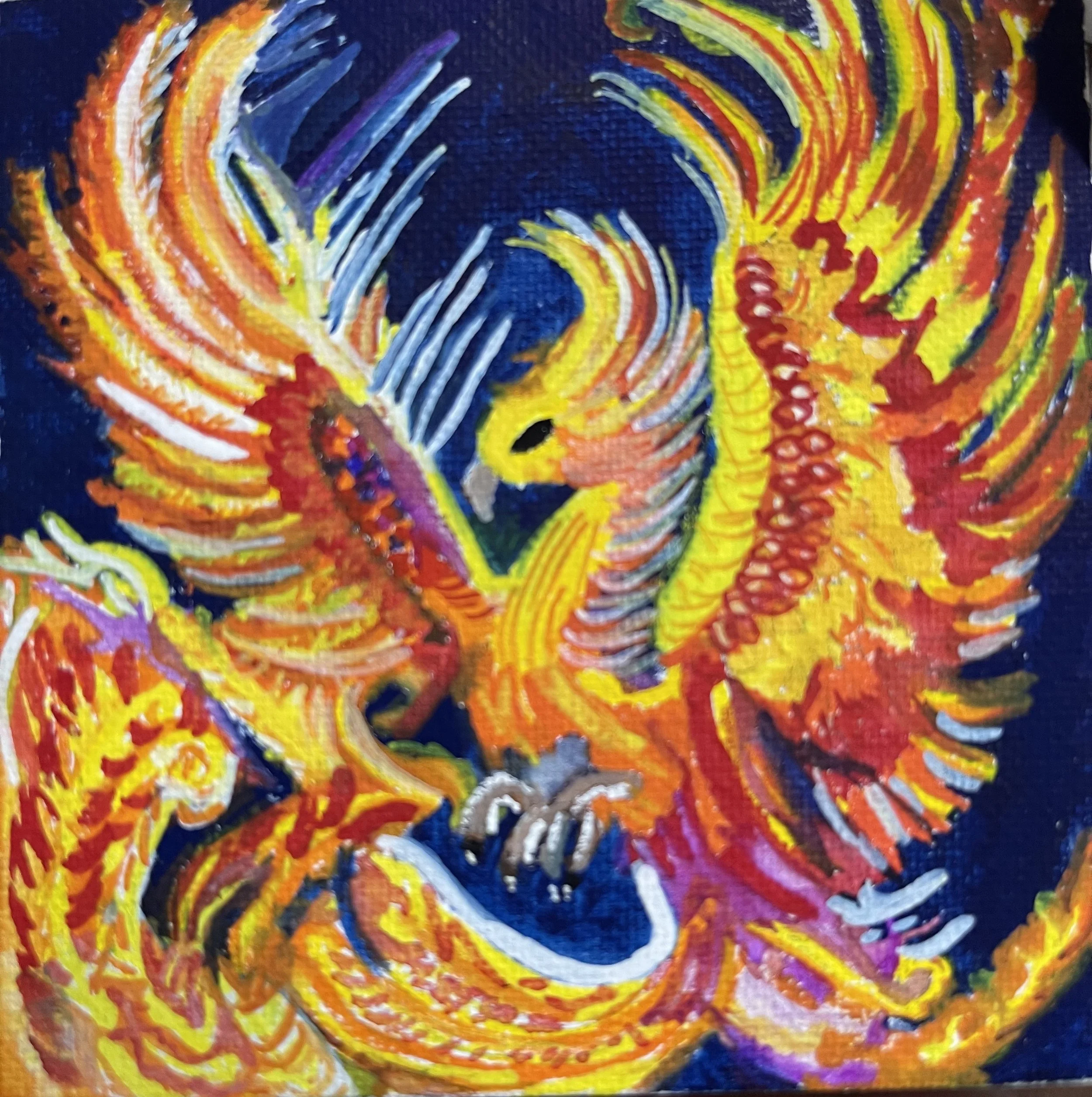 Close-up of colorful, abstract, swirling pattern with vibrant shades of yellow, orange, red, purple, white, and blue on a dark background.