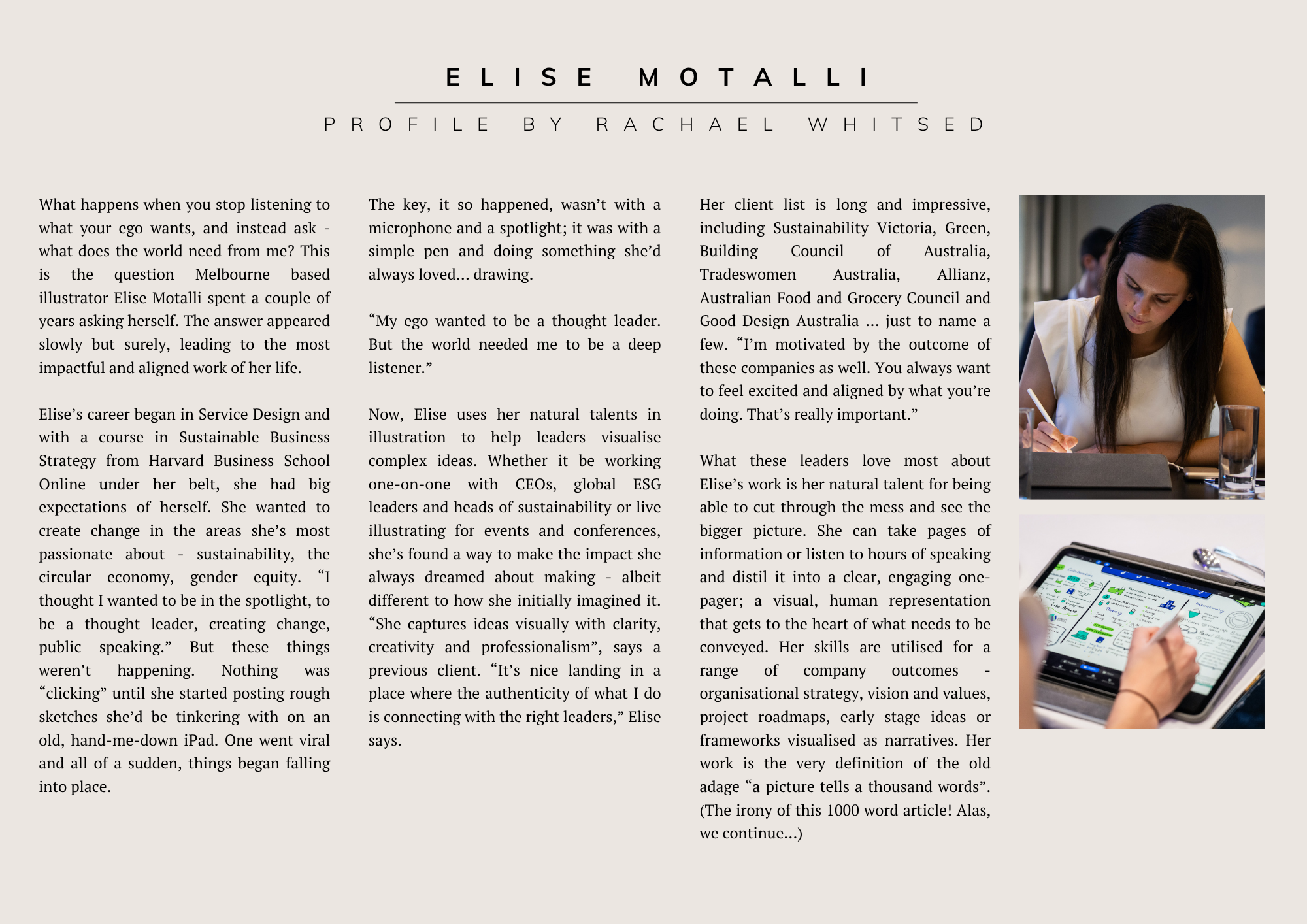 Profile feature article on live illustrator Elise Motalli by Rachael Whitsed.