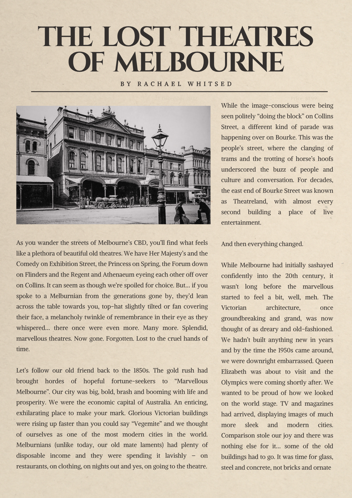 Research feature article on The Lost Theatres of Melbourne by Rachael Whitsed.
