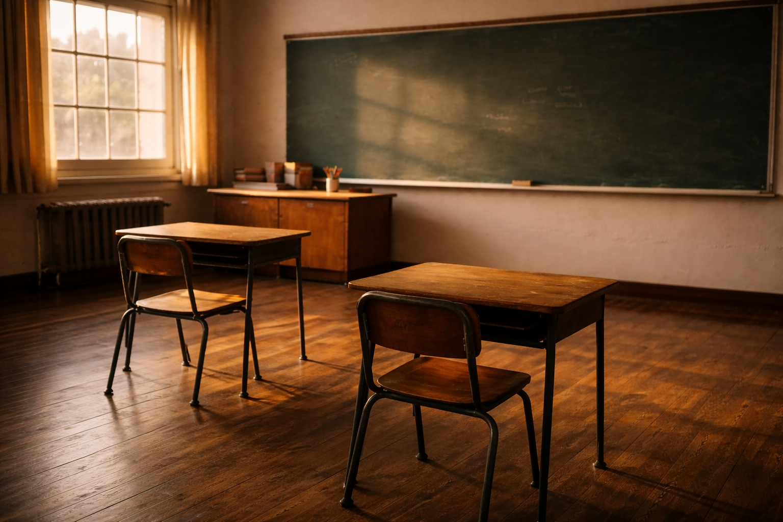 An empty classroom with two wooden desks and chairs, a chalkboard, a wooden teacher's desk, books, and pencils on the desk, and a window with curtains letting in natural light.