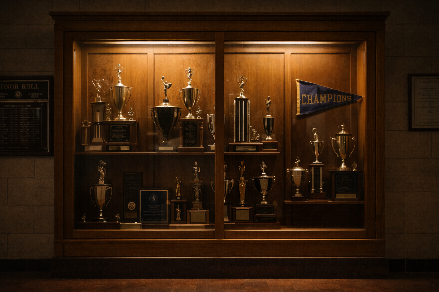 Display case with sports trophies and awards, including a pennant that says "Champions."