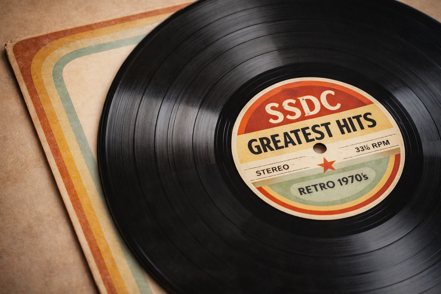 Vinyl record titled 'SSDC Greatest Hits' with vintage rainbow-colored album cover in the background, labeled as 'Retro 1970s' and playing at 33 RPM.
