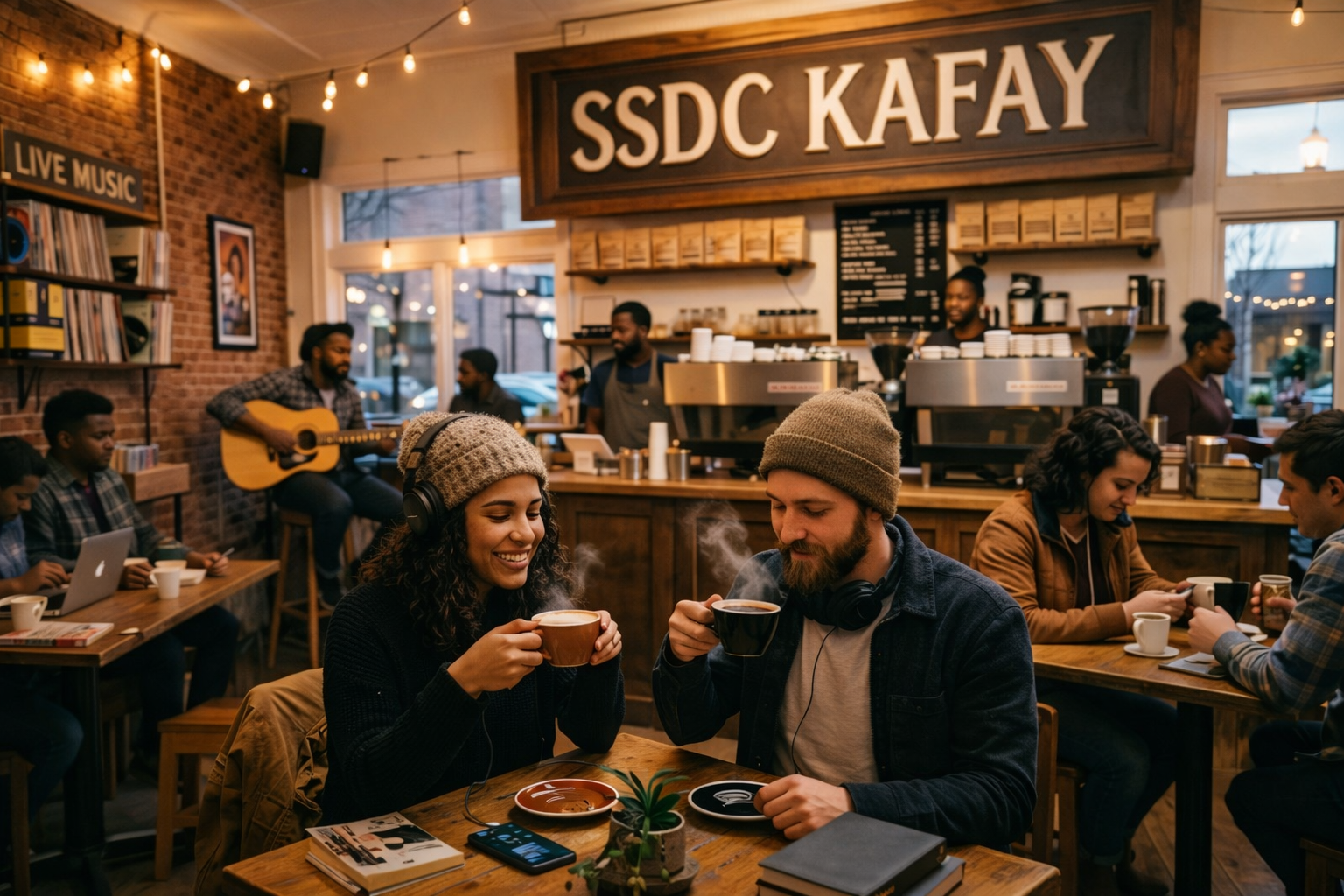 People enjoying coffee and music at a cozy cafe with live music performance in the background.