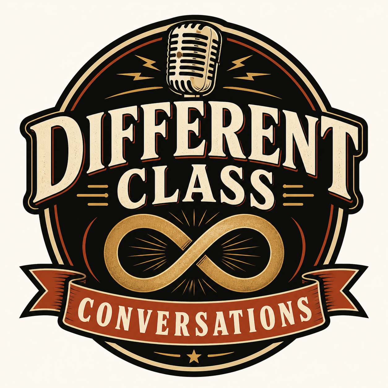 A logo for 'Different Class Conversations' featuring a vintage microphone, an infinity symbol, and a banner. The design uses black, cream, and gold colors. Podcast Logo