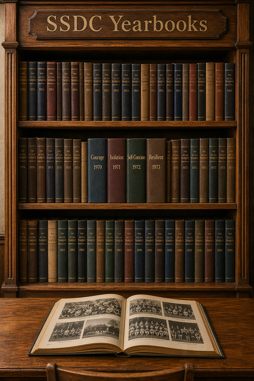 Wooden bookshelf labeled "SSDC Yearbooks" filled with yearbooks from 1952 to 1999 and an open photo album on a wooden table in front with black-and-white photographs.