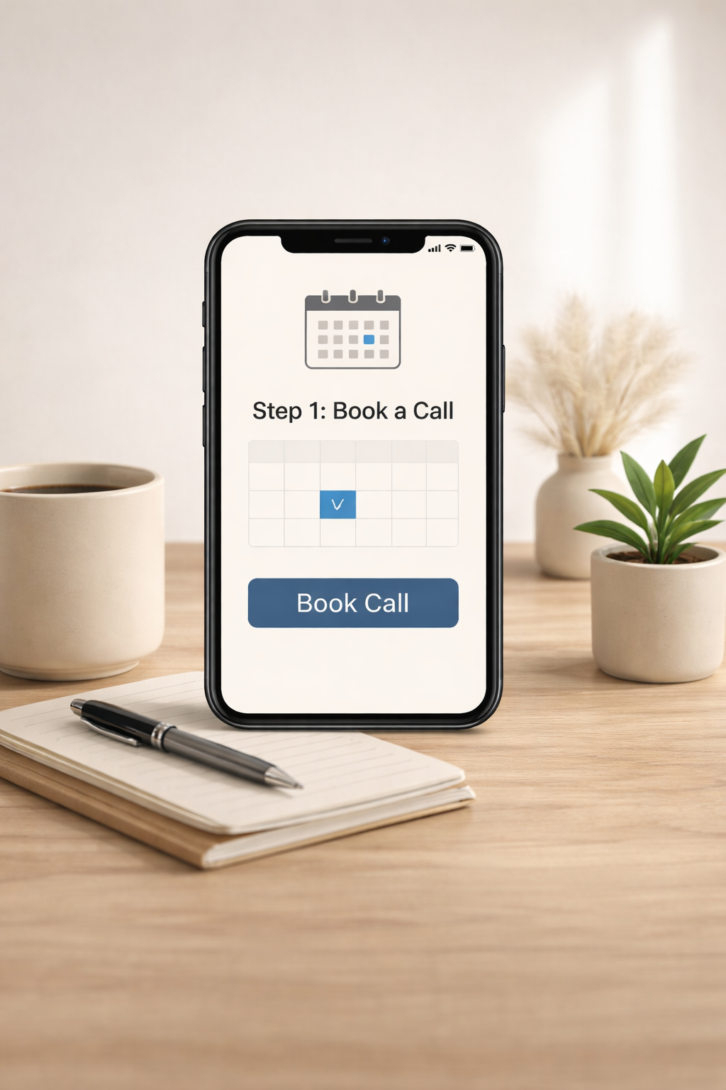 Smartphone on a desk displaying a scheduling app with step 1: Book a Call, featuring a calendar icon and a 'Book Call' button, with a cup of coffee, a notepad with a pen, and two potted plants in the background.