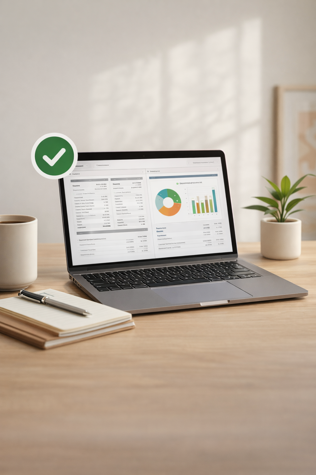 Laptop displaying financial graphs and data on a wooden desk, with a cup of coffee, a notebook with a pen, and a potted plant nearby in a bright, minimalistic office.