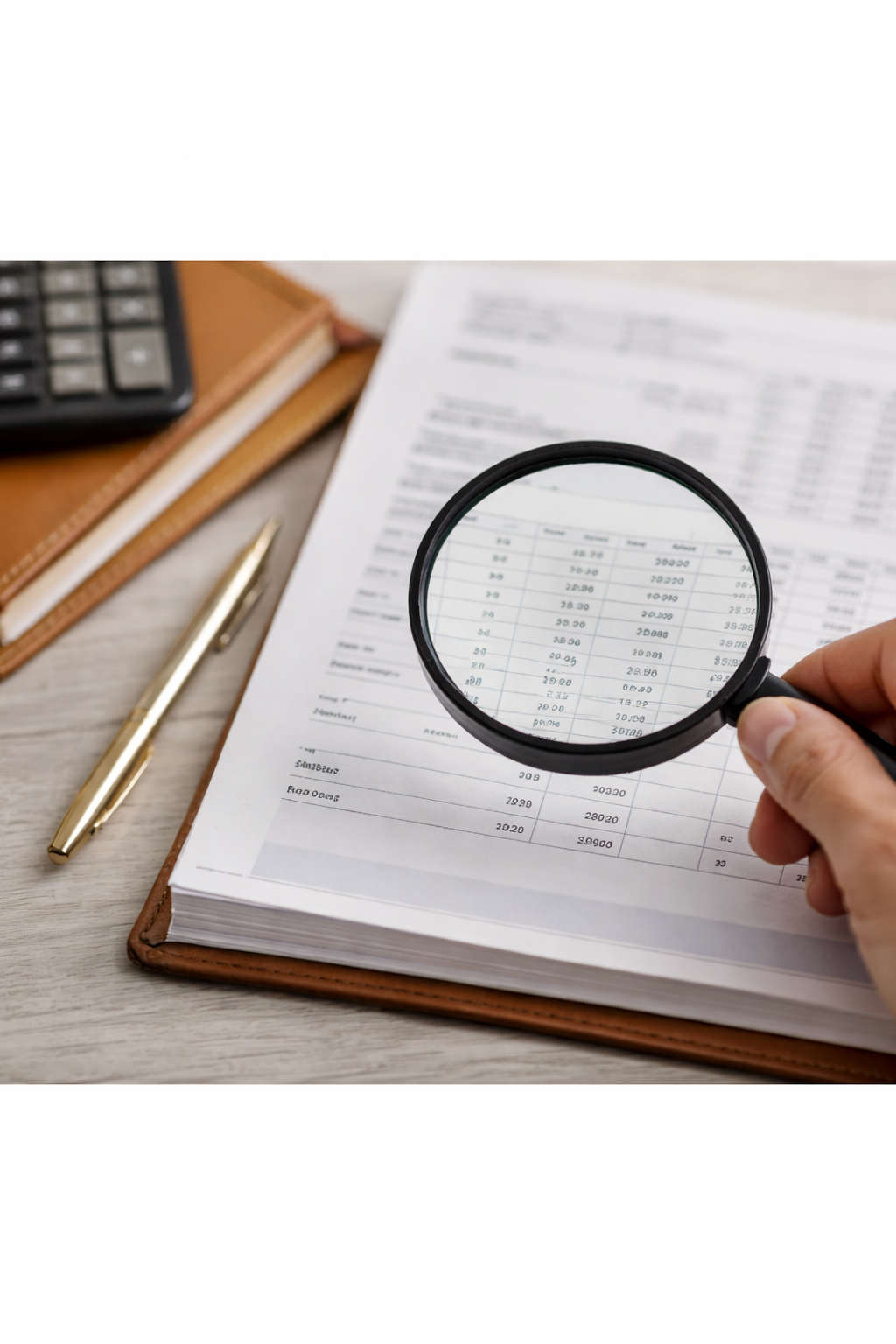 Hand holding a magnifying glass over a financial report on a clipboard, with a gold pen, calculator, and notebook nearby.