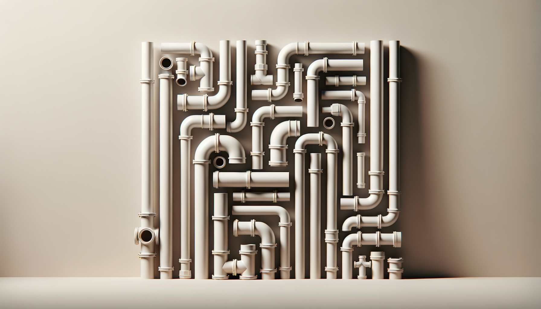 Arrangement of white PVC pipes of various sizes and shapes mounted on a beige wall.