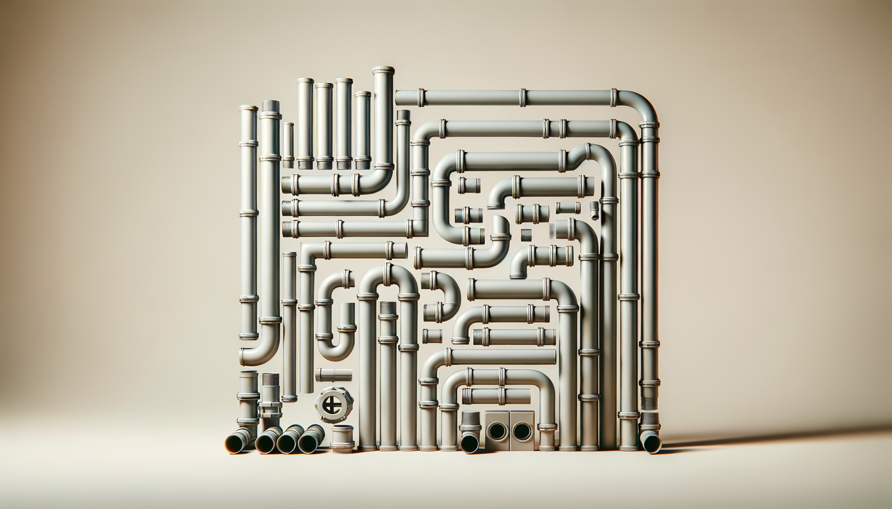 Arrangement of metal pipes and fittings with some valves, forming an complex piping system against a neutral background.