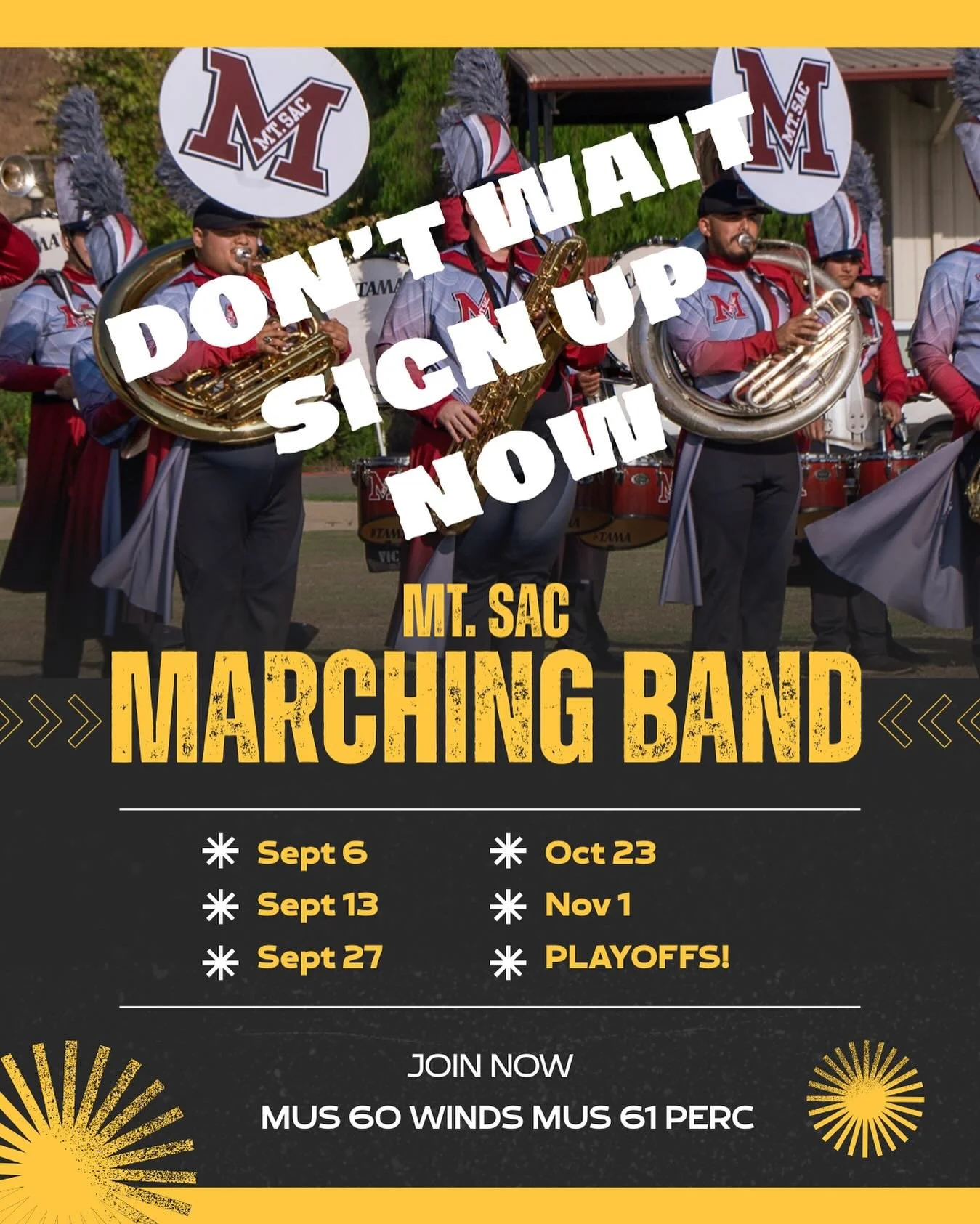 Time is running out! Come join the band!!!! First rehearsal Aug 26 at 7pm. All instrument spots are still available!

@mtsac @mtsacfootball @mtsac_athletics @mtsaccolorguard