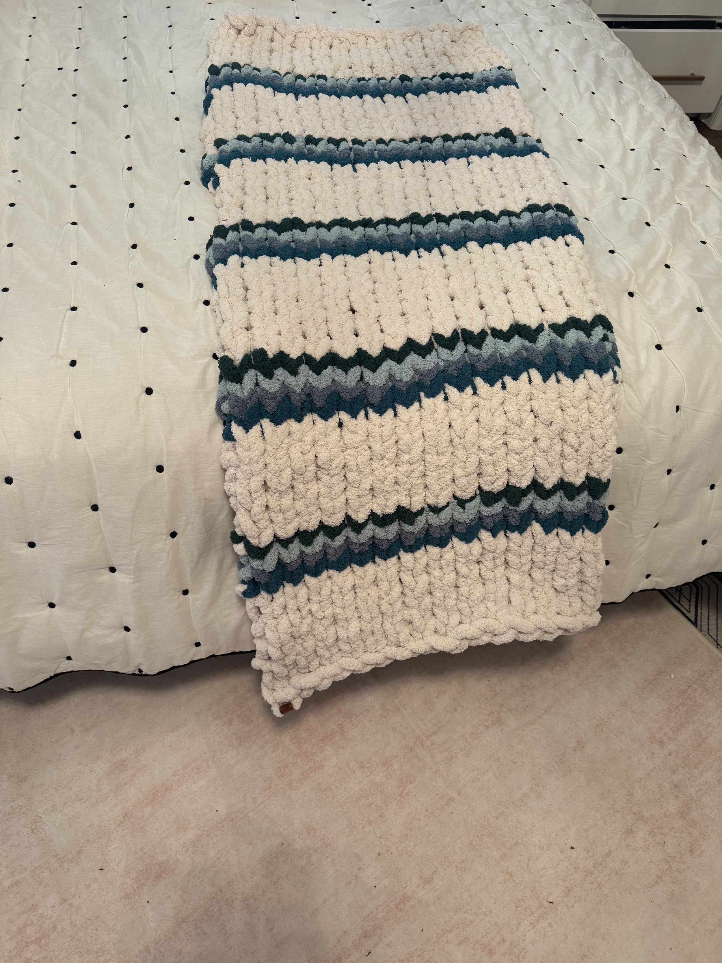 A folded, chunky, striped knit blanket with cream, dark green, and blue colors resting on a bed with a white bedspread with black dot accents.
