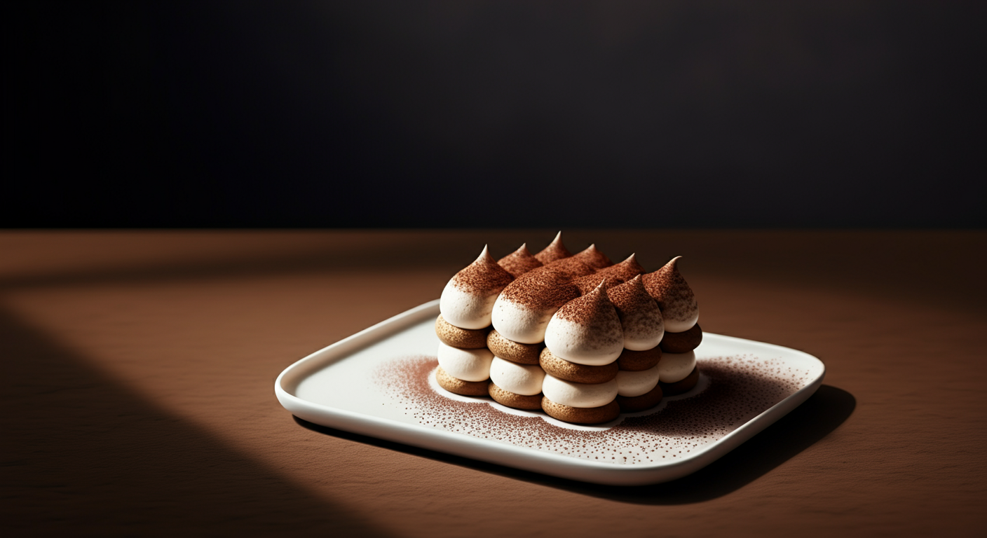 A plate of layered desserts with cream, biscuit, and chocolate dusted topping on a wooden surface