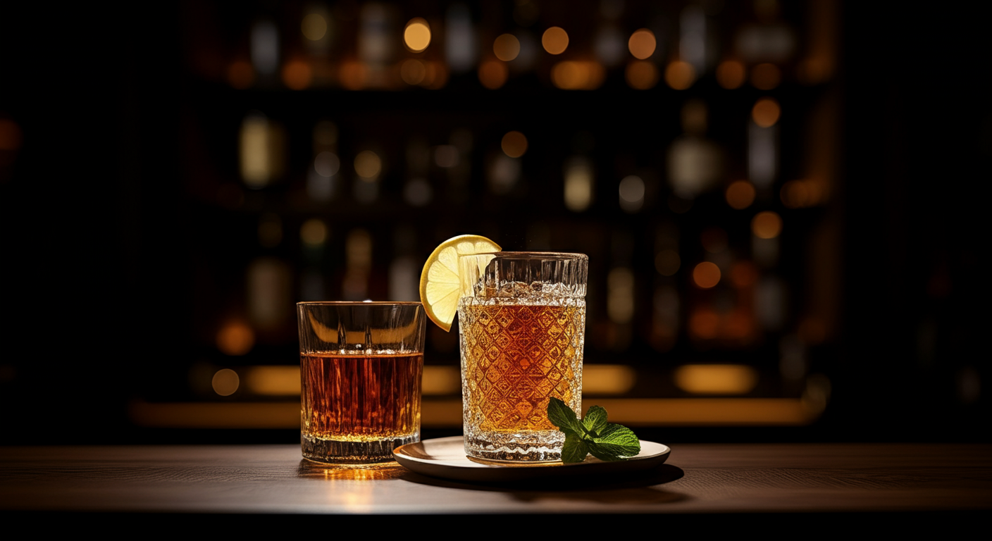 Two glasses of dark amber-colored beverages on a wooden surface with a dark, out-of-focus bar background. One glass has a lemon slice on the rim, and the other is on a white plate with mint leaves.