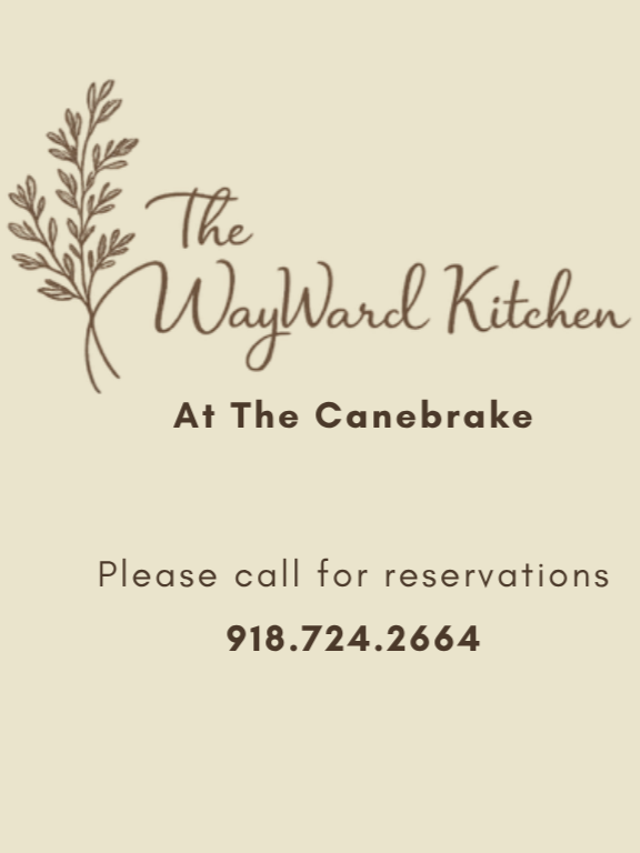 A reservation card for The Wayward Kitchen at The Canebrake, with a phone number 918.724.2664, on a beige background with a leaf illustration.