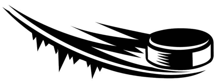 A black and white illustration of a hockey puck on a curved surface with ice spikes underneath.