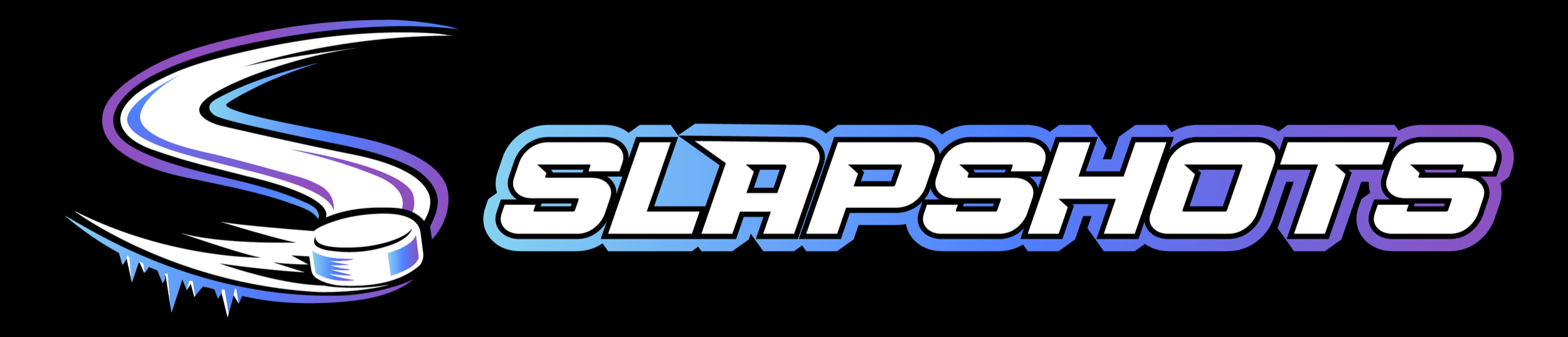Logo for SLAPSHOTS with a stylized hockey puck and swooping trail in black, white, purple, and light blue.
