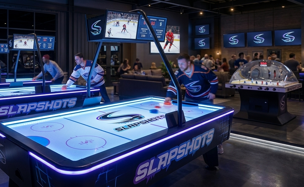 People playing digital air hockey games in a game arcade.