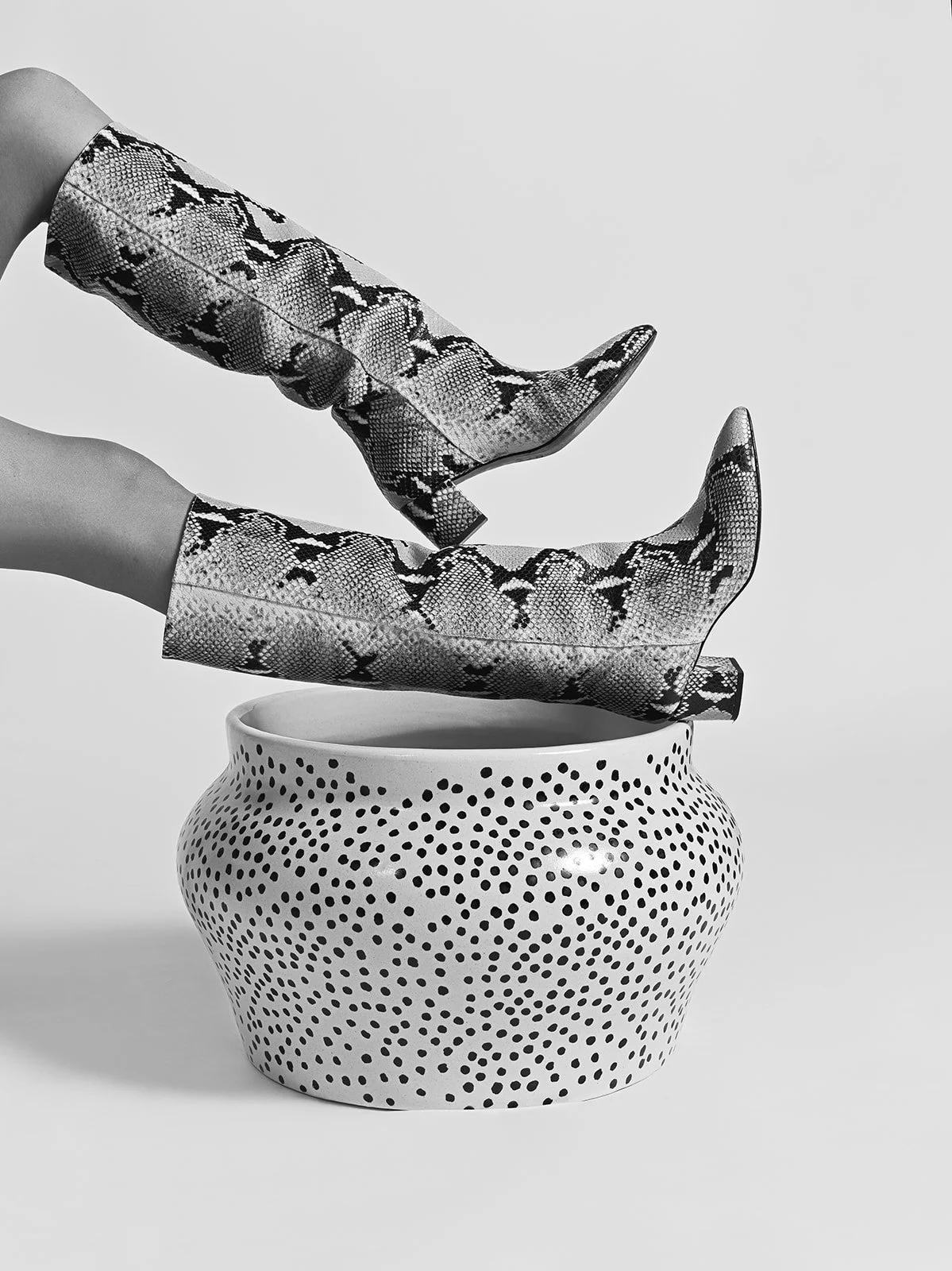 Black and white photo of a person wearing snake print gloves, placing their hands inside a dotted jewelry bowl.