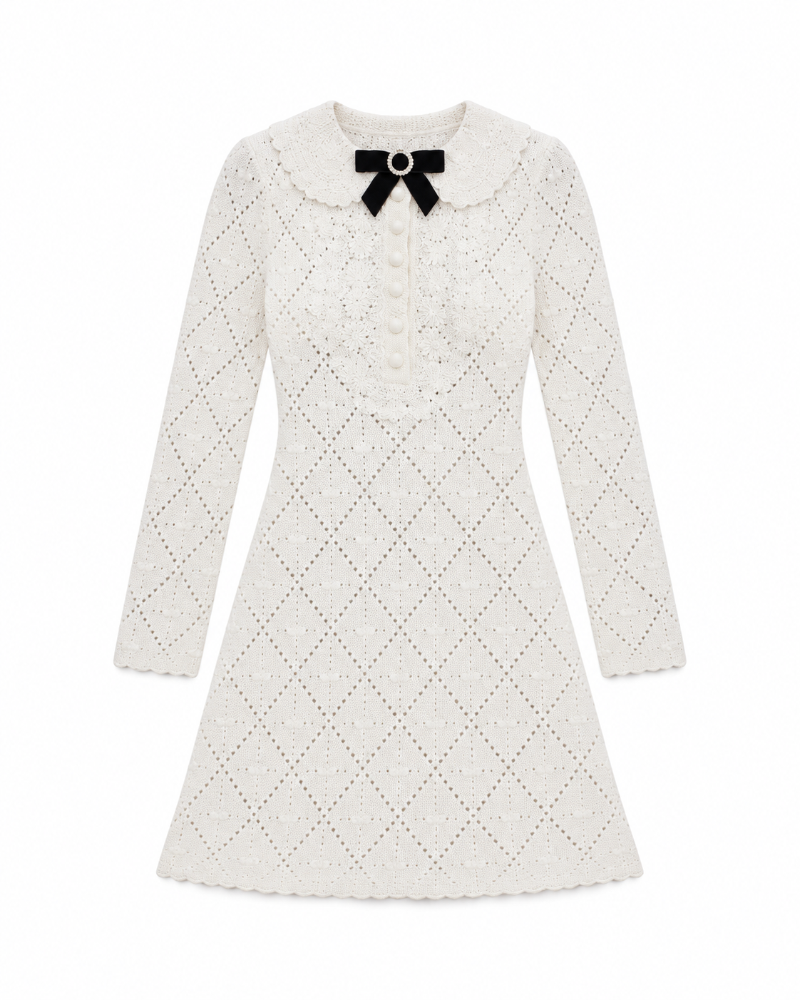 White Crochet Dress with Black Bow.png