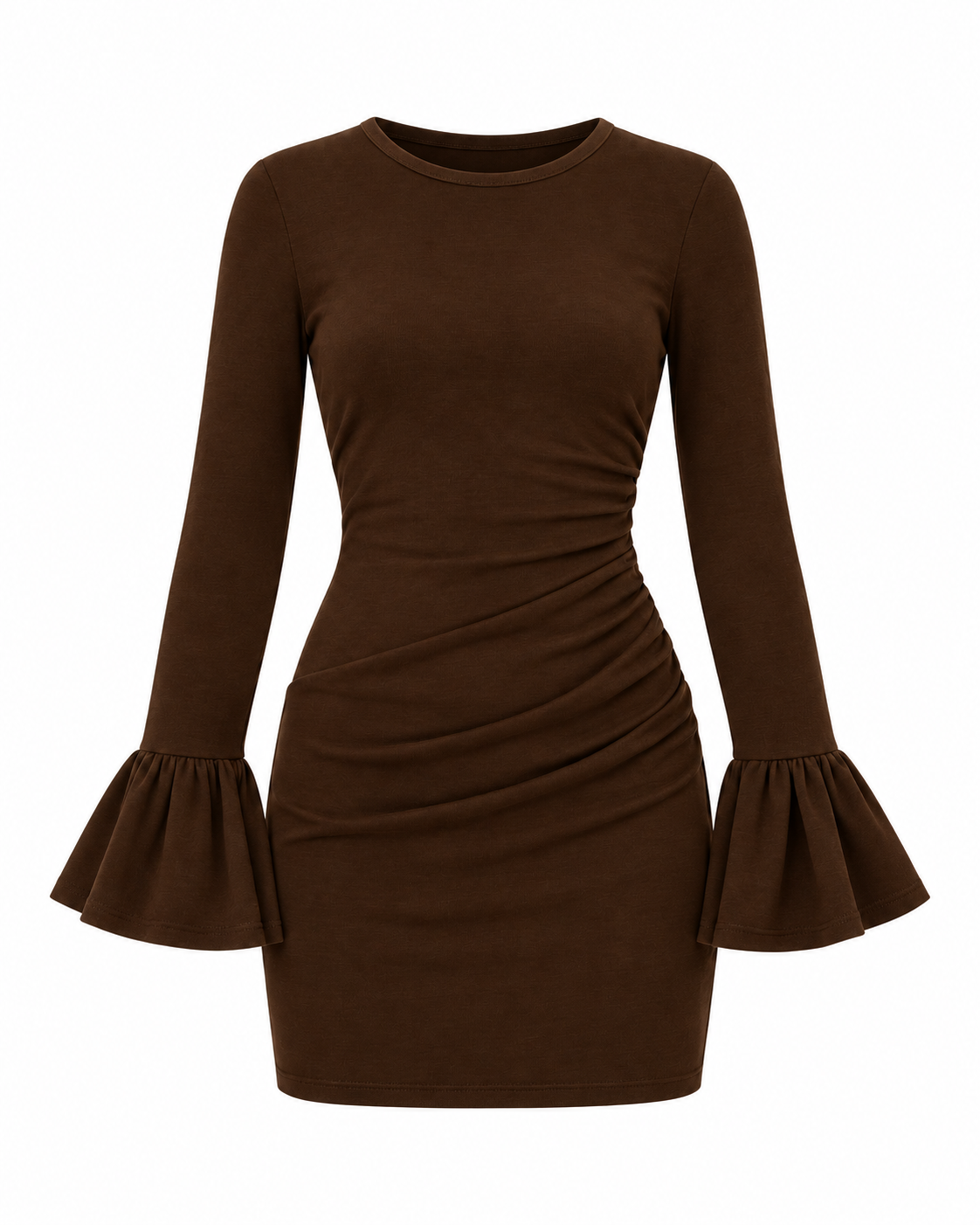 Chocolate Brown Ruched Bell-Sleeve Mini Dress.png